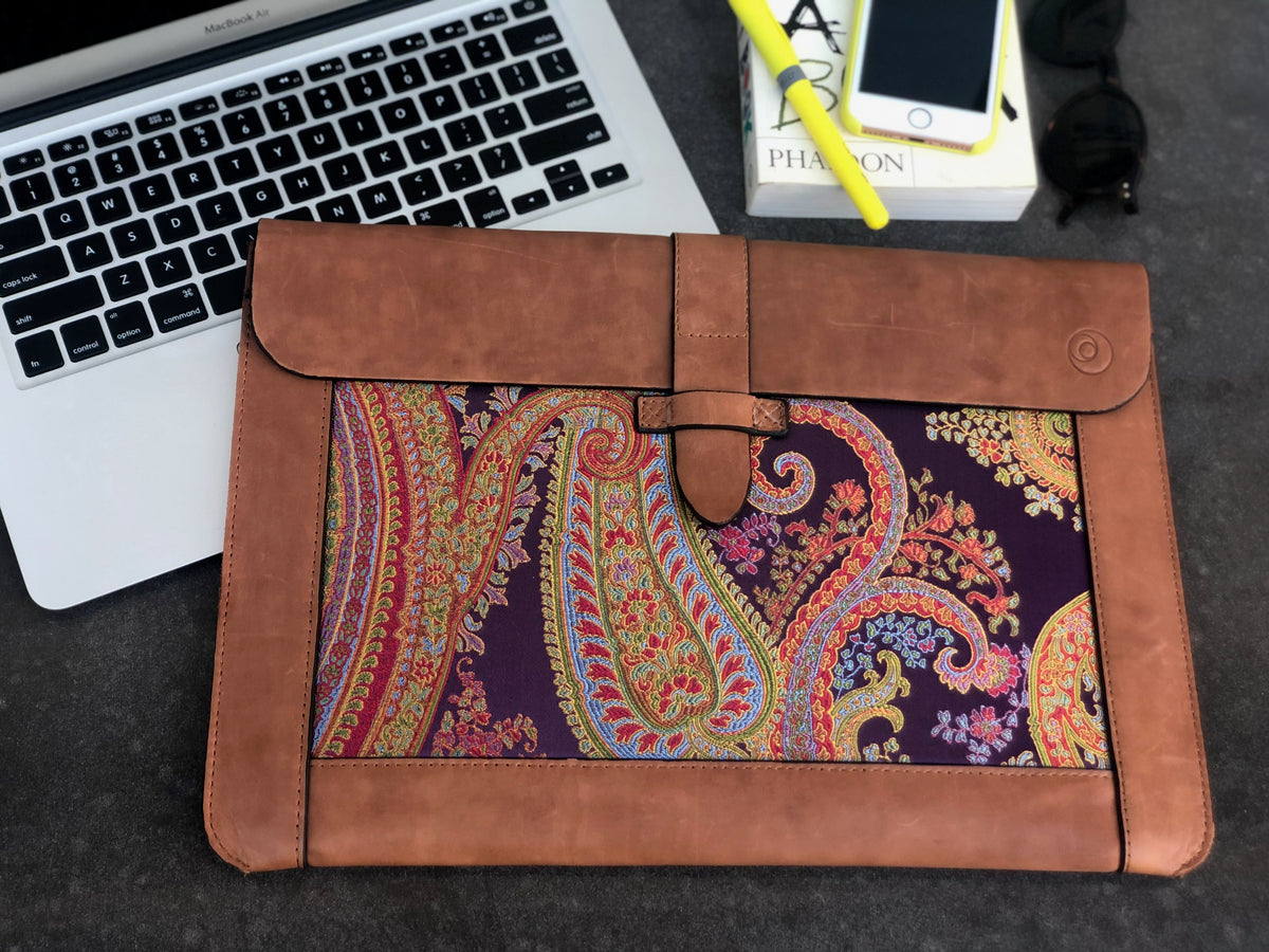 Purple Silk MacBook Sleeve & Charger Bag | Handmade Leather Laptop Case | Personalized Laptop Set | 13” 15” 16” | Brown or Camel