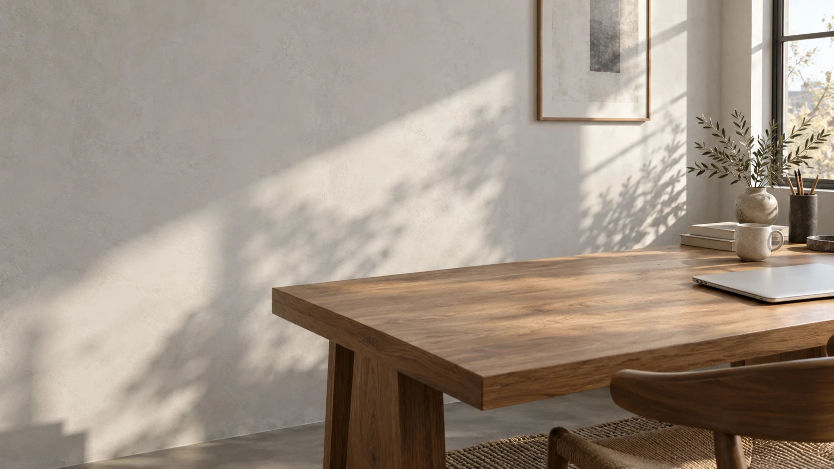A sunlit creative studio with a wooden desk