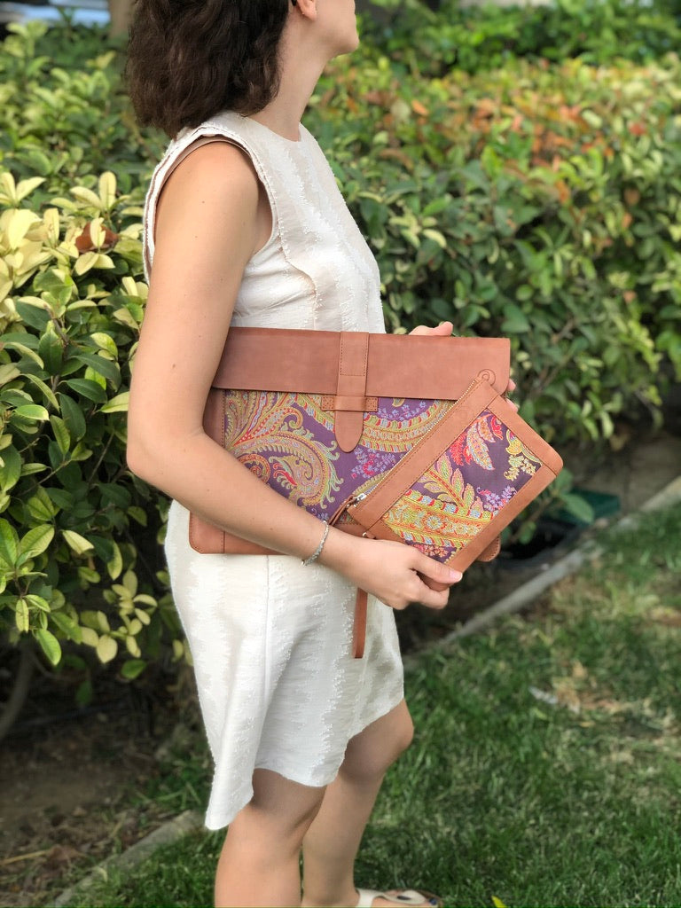 Purple Silk MacBook Sleeve & Charger Bag | Handmade Leather Laptop Case | Personalized Laptop Set | 13” 15” 16” | Brown or Camel