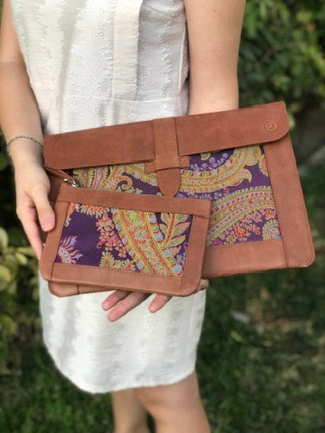 Purple Silk MacBook Sleeve & Charger Bag | Handmade Leather Laptop Case | Personalized Laptop Set | 13” 15” 16” | Brown or Camel