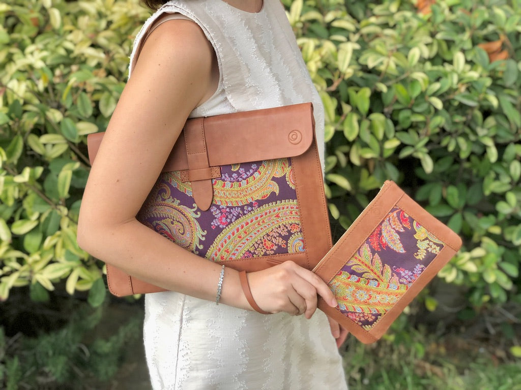 Purple Silk MacBook Sleeve & Charger Bag | Handmade Leather Laptop Case | Personalized Laptop Set | 13” 15” 16” | Brown or Camel