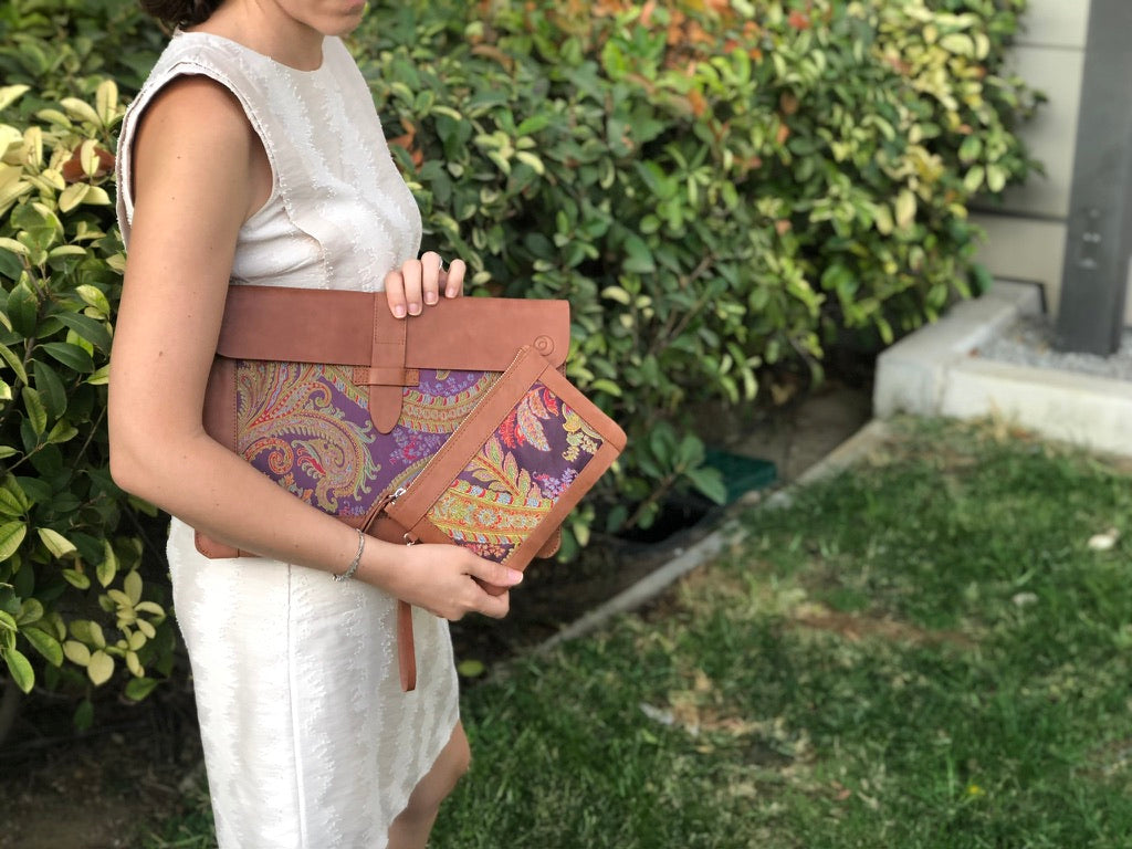 Purple Silk MacBook Sleeve & Charger Bag | Handmade Leather Laptop Case | Personalized Laptop Set | 13” 15” 16” | Brown or Camel