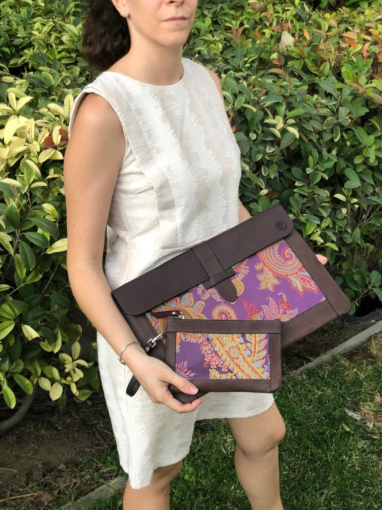 Purple Silk MacBook Sleeve & Charger Bag | Handmade Leather Laptop Case | Personalized Laptop Set | 13” 15” 16” | Brown or Camel
