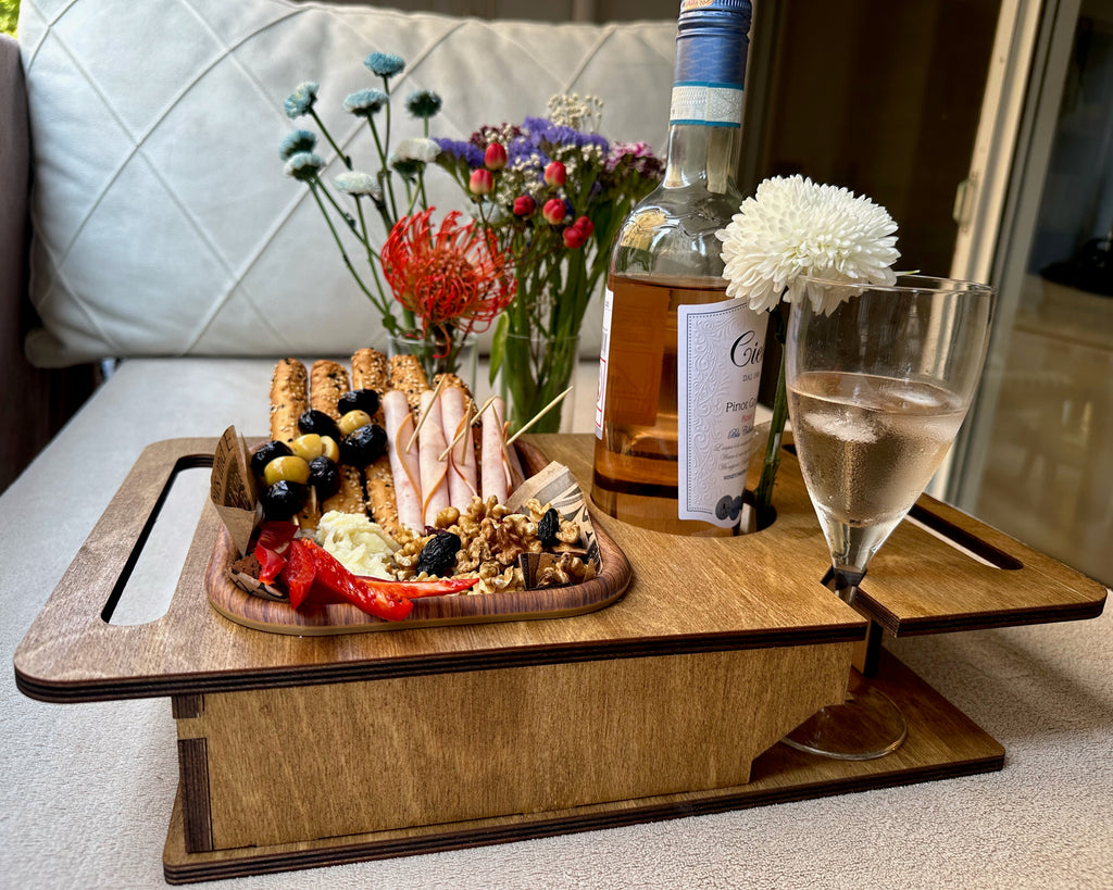 Personalized Wooden Couch Tray – Sofa Armrest Table, Snack & Drink Organizer