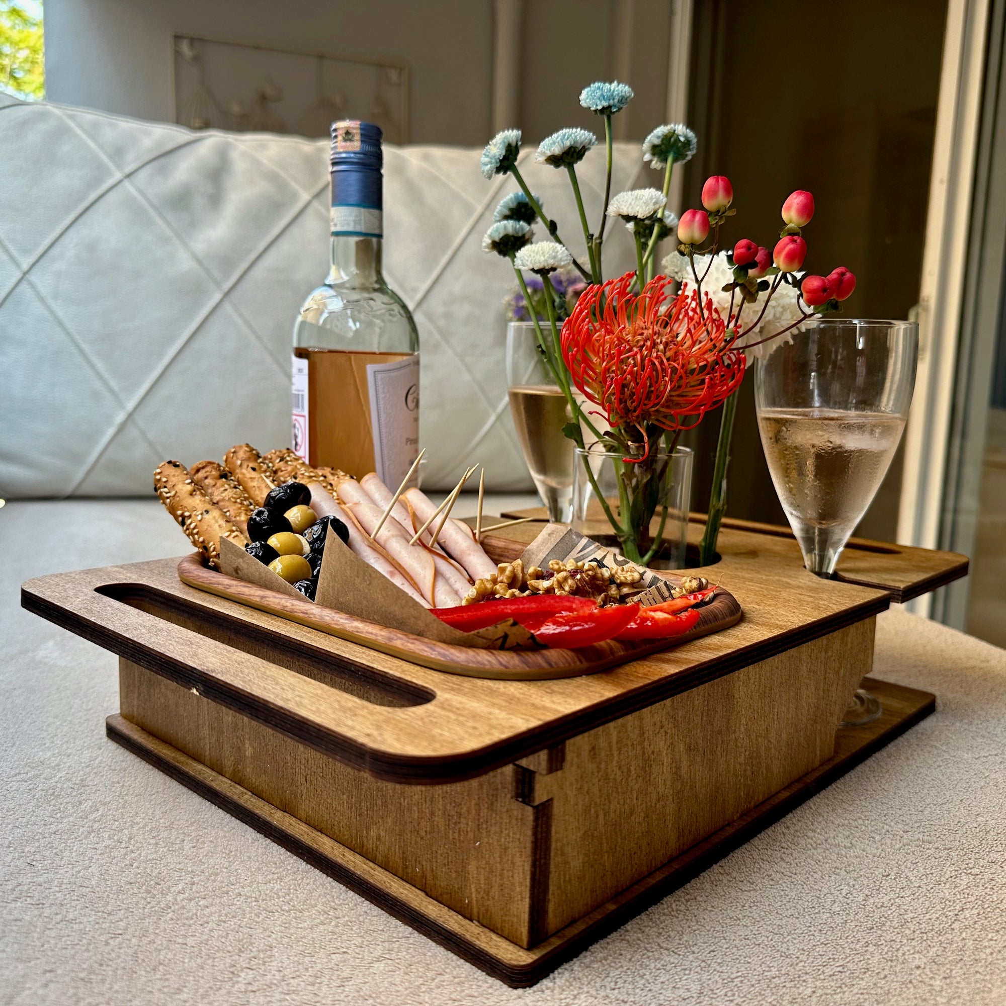 Personalized Wooden Couch Tray – Sofa Armrest Table, Snack & Drink Organizer