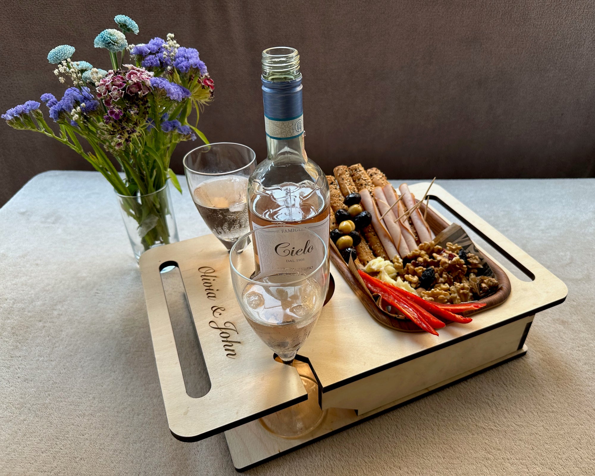 Personalized Wooden Couch Tray – Sofa Armrest Table, Snack & Drink Organizer