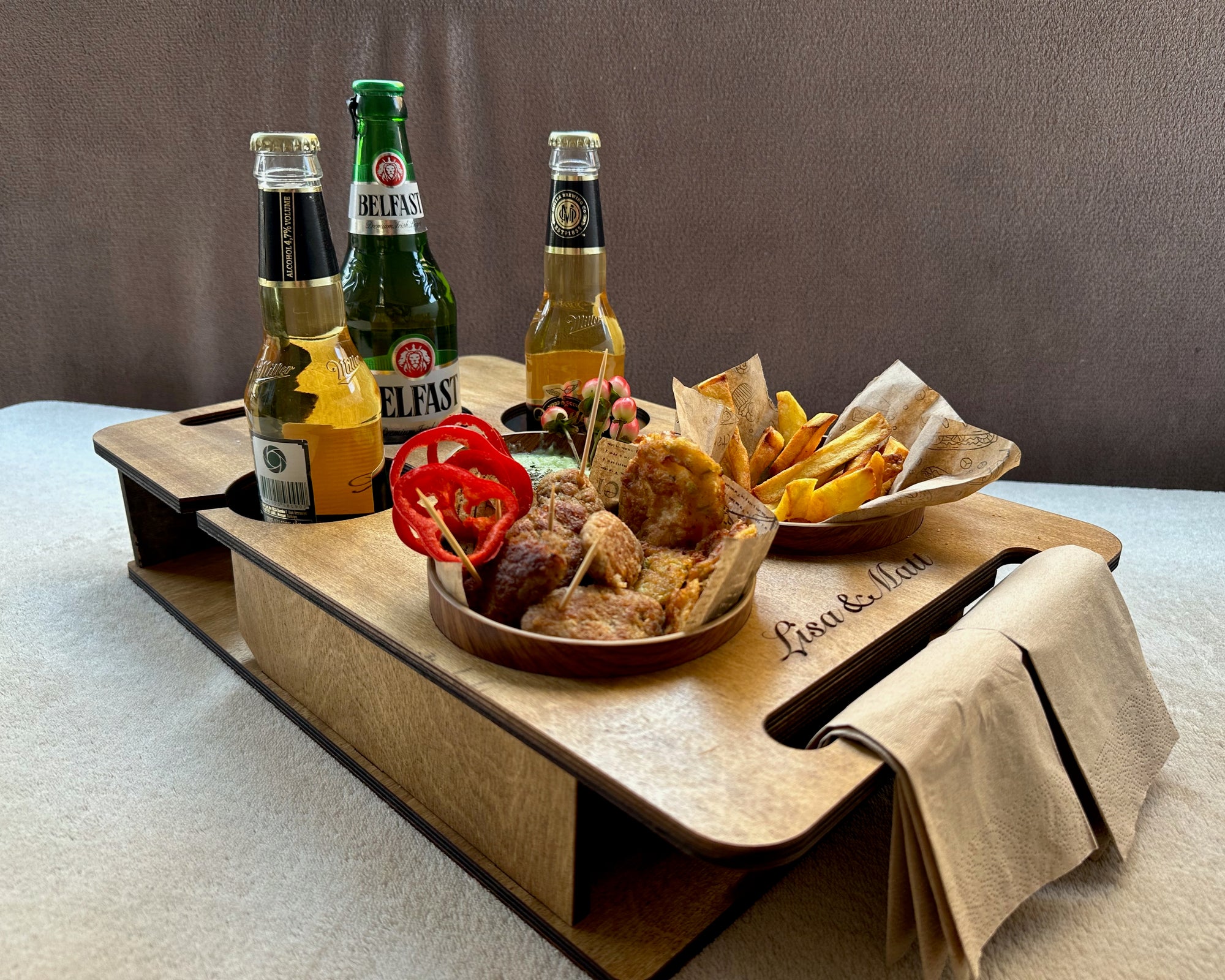 Personalized Couch Tray – Custom Wooden Sofa Armrest Organizer & Gift for Him