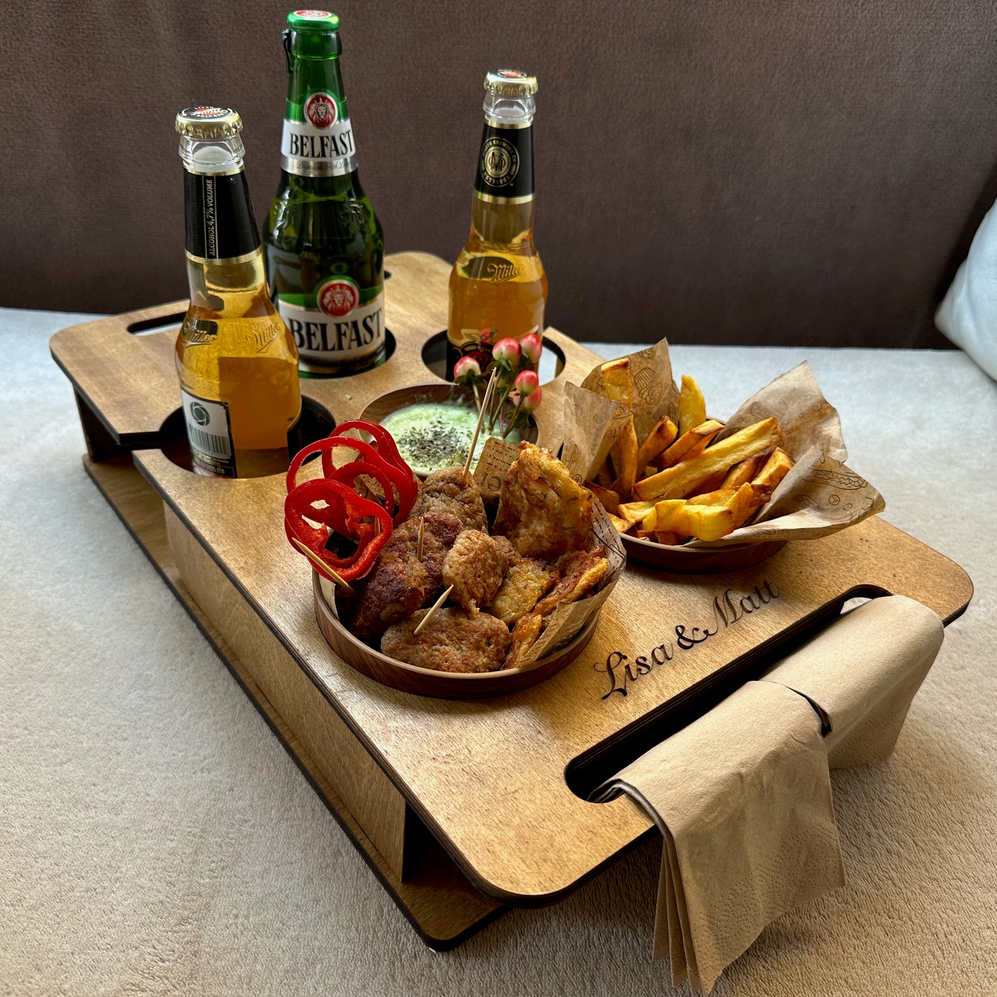 Personalized Couch Tray – Custom Wooden Sofa Armrest Organizer & Gift for Him