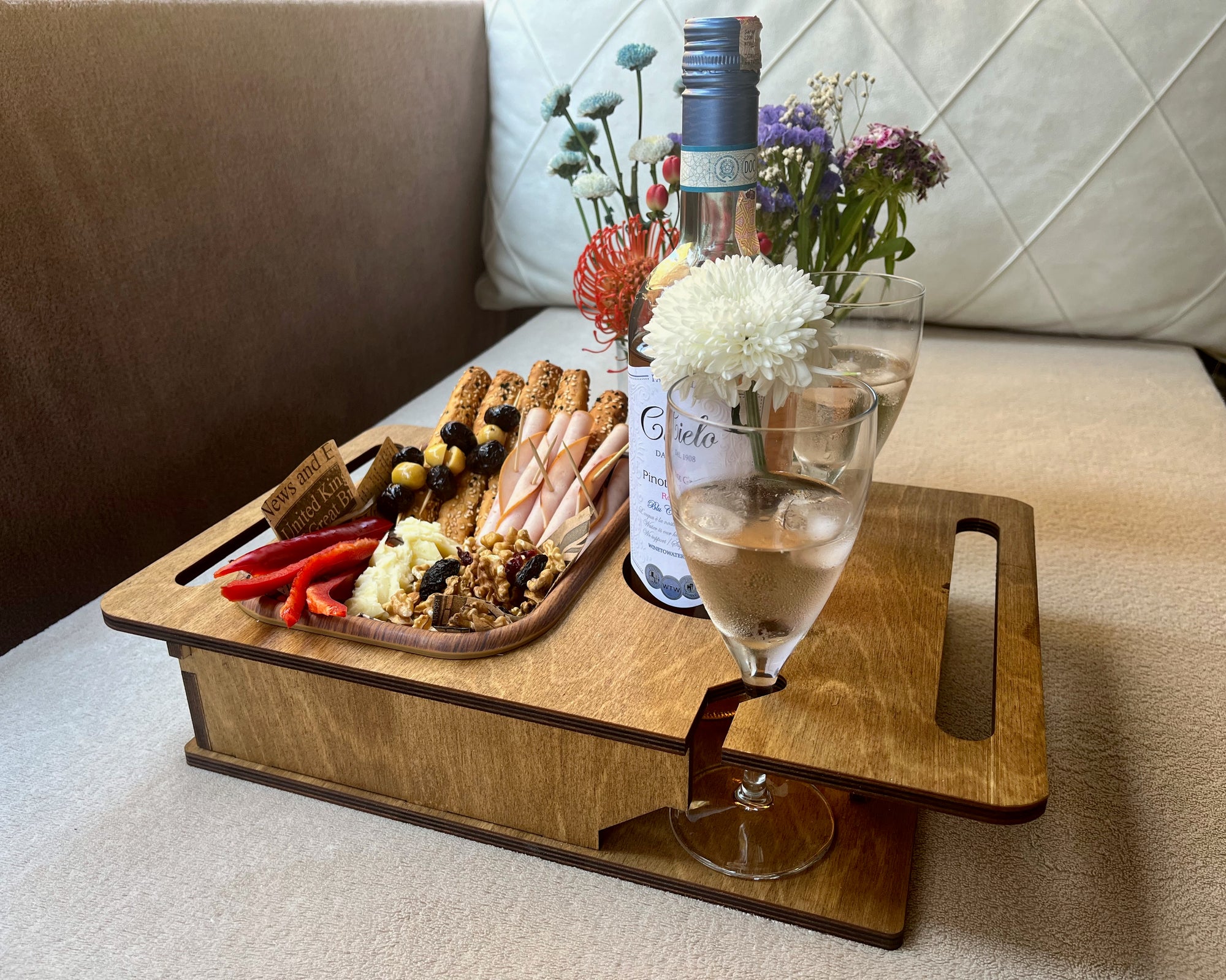 Personalized Wooden Couch Tray – Sofa Armrest Table, Snack & Drink Organizer