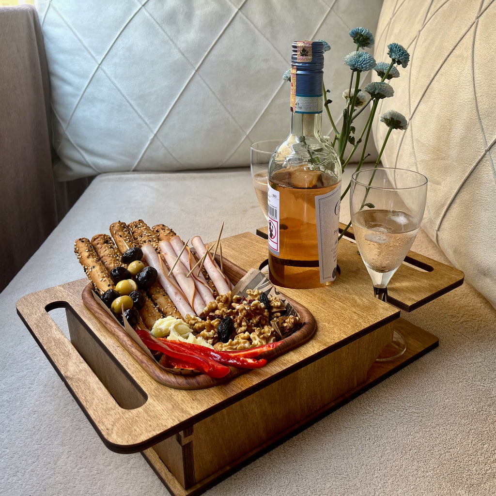 Personalized Wooden Couch Tray – Sofa Armrest Table, Snack & Drink Organizer