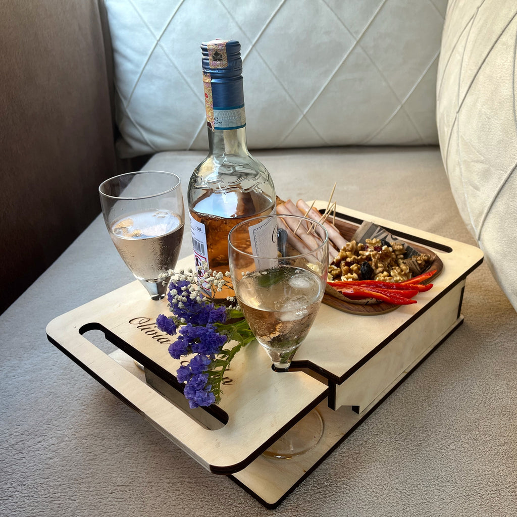Personalized Wooden Couch Tray – Sofa Armrest Table, Snack & Drink Organizer