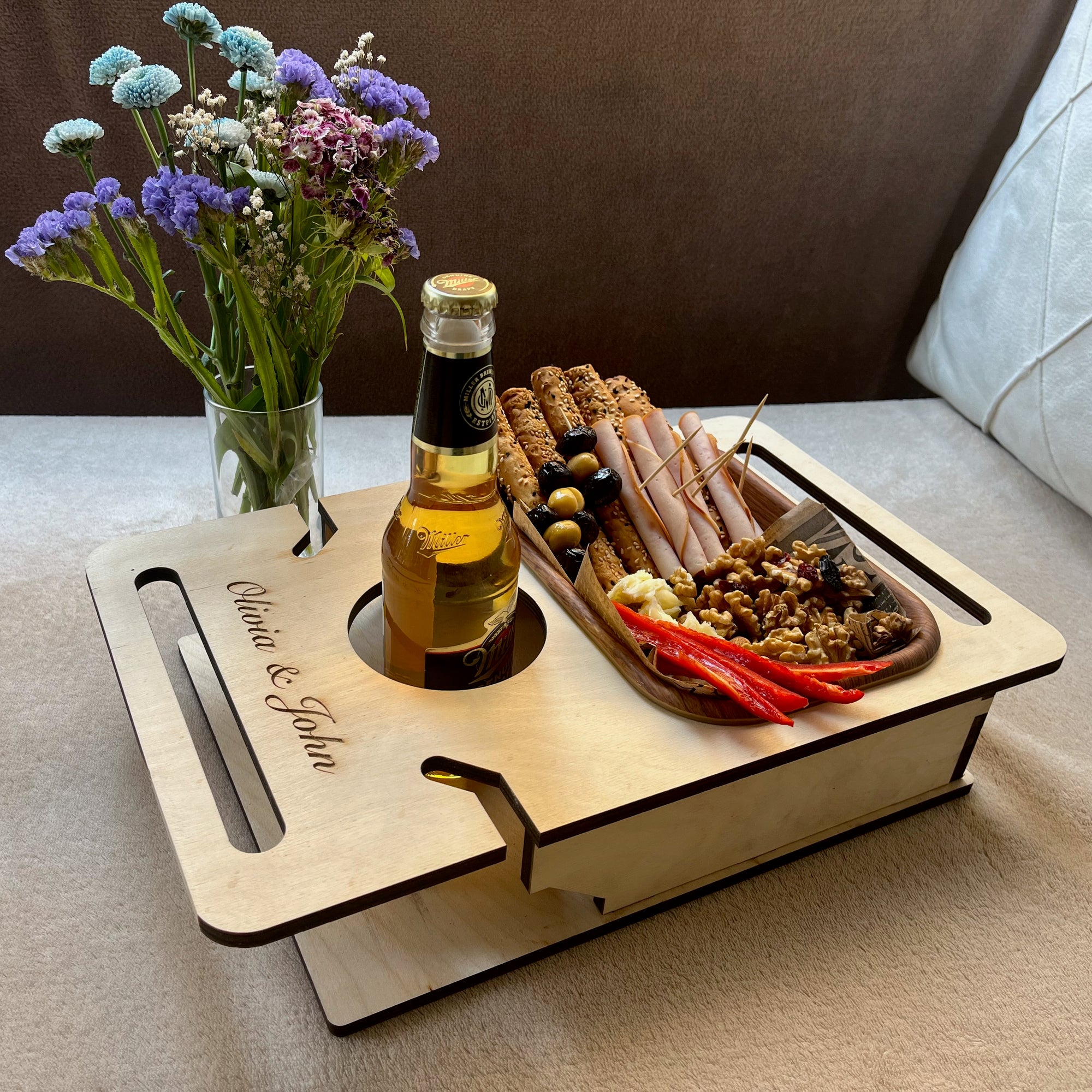 Personalized Wooden Couch Tray – Sofa Armrest Table, Snack & Drink Organizer