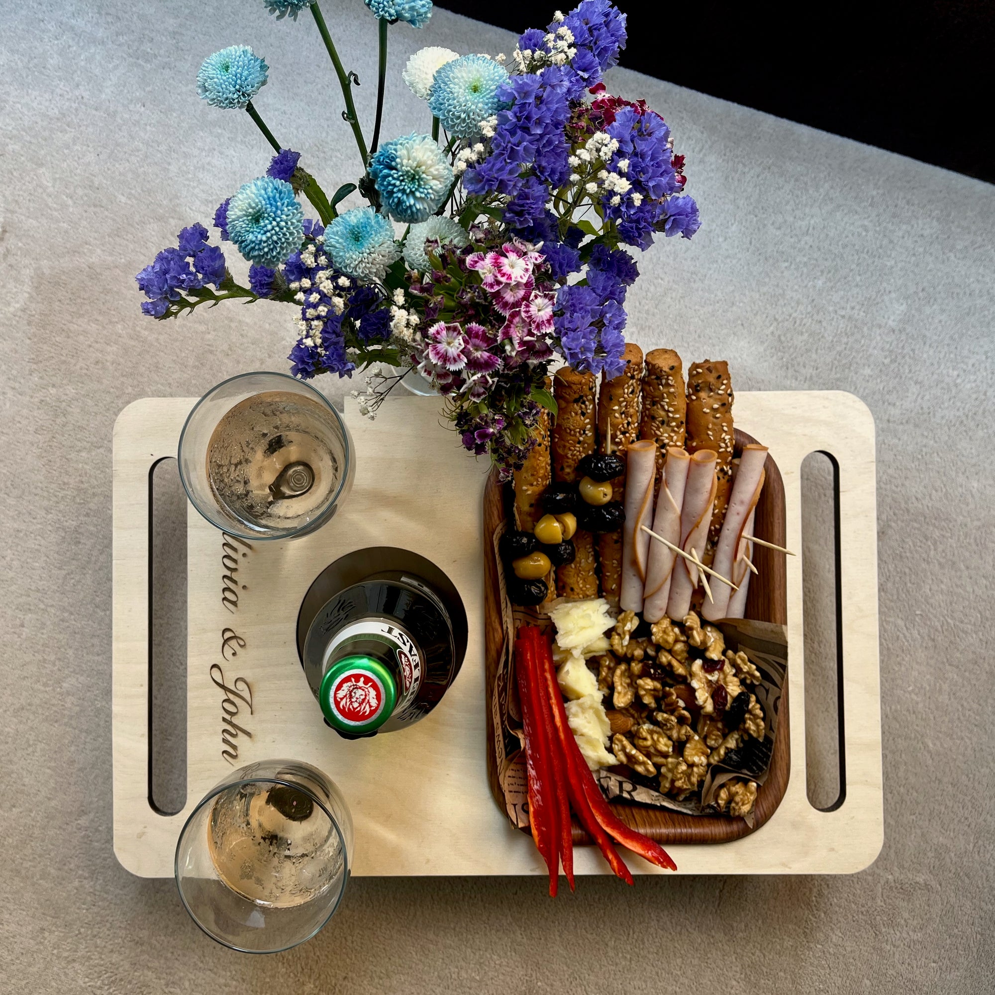 Personalized Wooden Couch Tray – Sofa Armrest Table, Snack & Drink Organizer