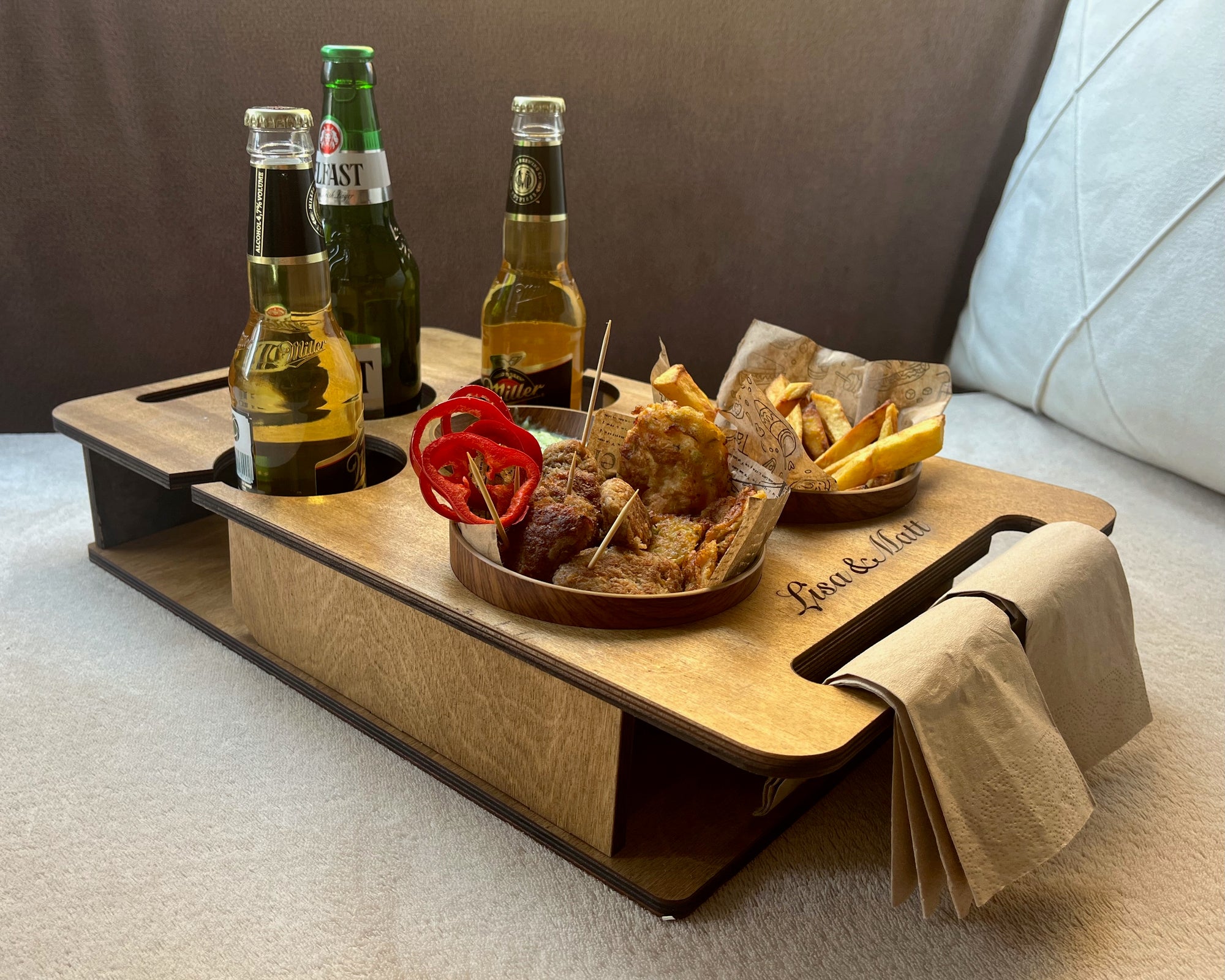 Personalized Couch Tray – Custom Wooden Sofa Armrest Organizer & Gift for Him