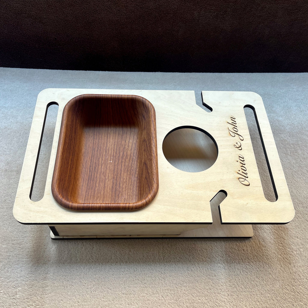 Personalized Wooden Couch Tray – Sofa Armrest Table, Snack & Drink Organizer