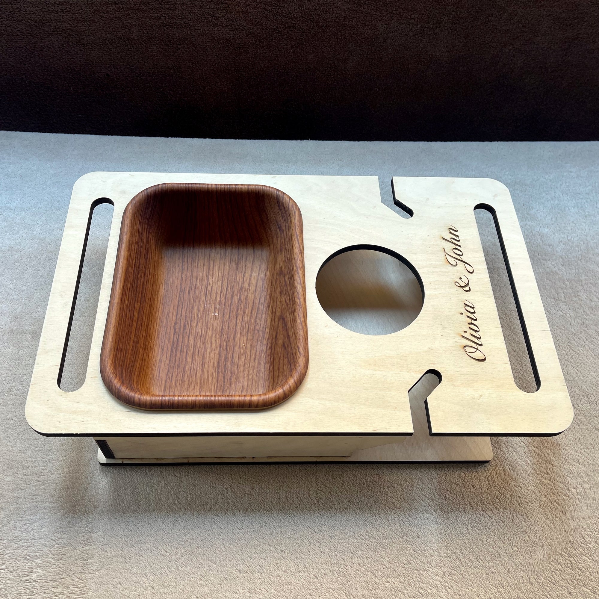 Personalized Wooden Couch Tray – Sofa Armrest Table, Snack & Drink Organizer