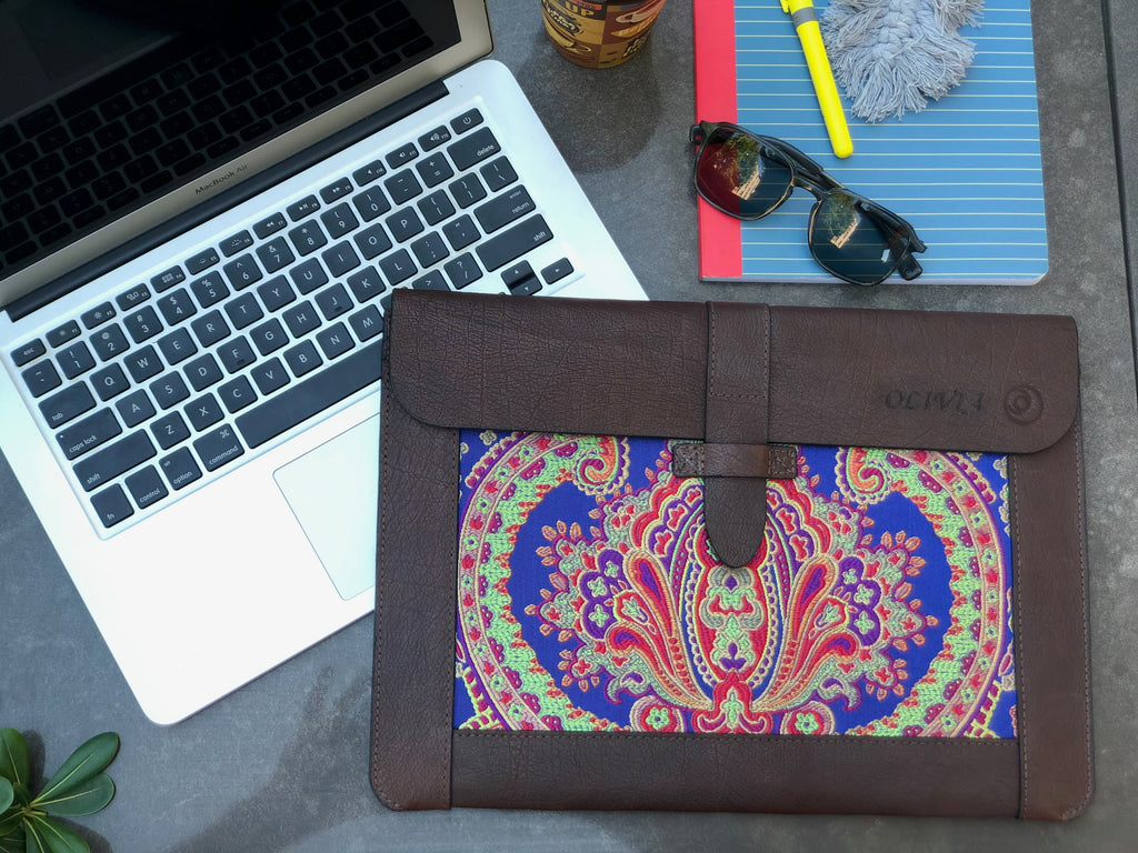 Blue Silk MacBook Sleeve & Charger Bag Set – Handmade Leather Laptop Case 13" 15" 16" | Personalized Gift | Camel or Brown