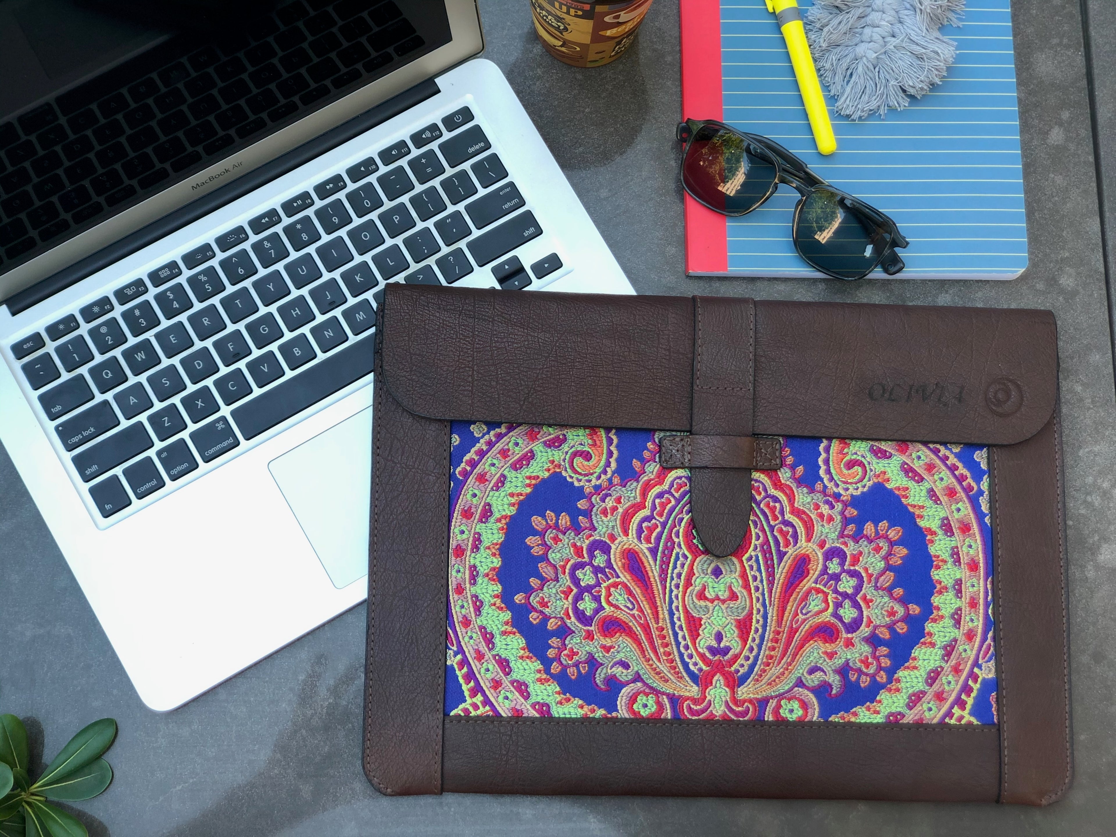 Blue Silk MacBook Sleeve & Charger Bag Set – Handmade Leather Laptop Case 13" 15" 16" | Personalized Gift | Camel or Brown