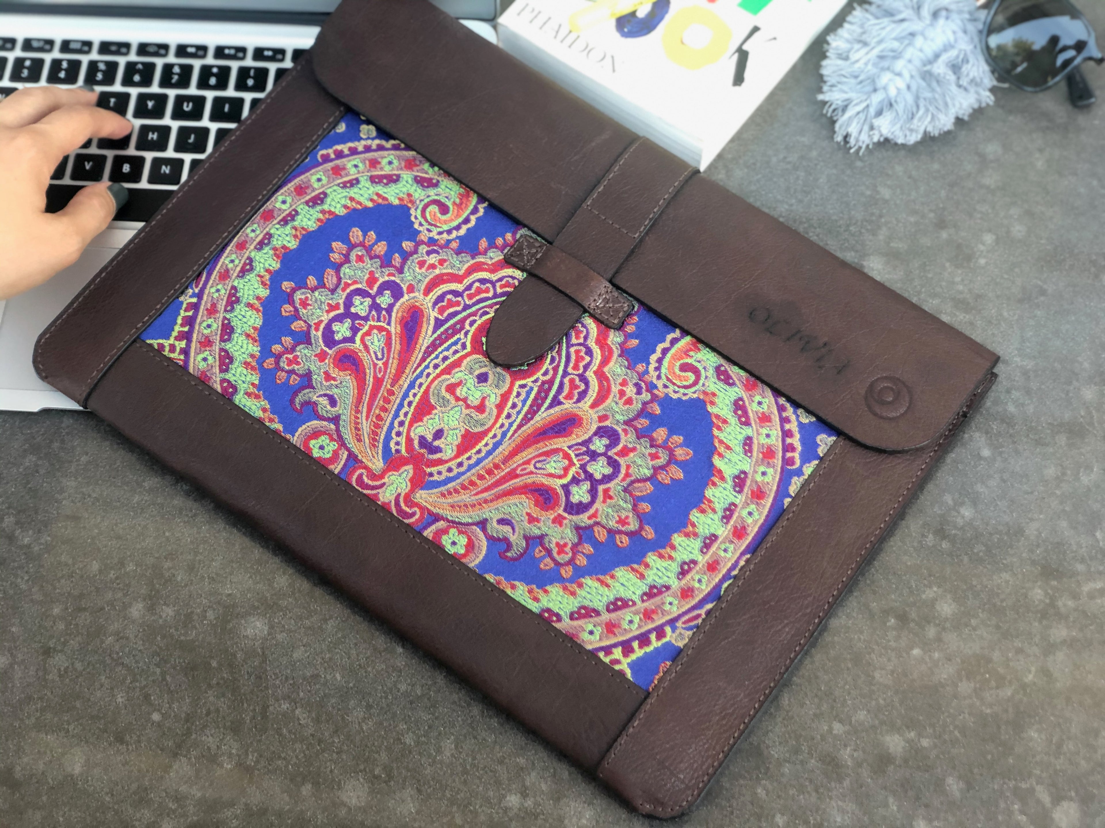 Blue Silk MacBook Sleeve & Charger Bag Set – Handmade Leather Laptop Case 13" 15" 16" | Personalized Gift | Camel or Brown