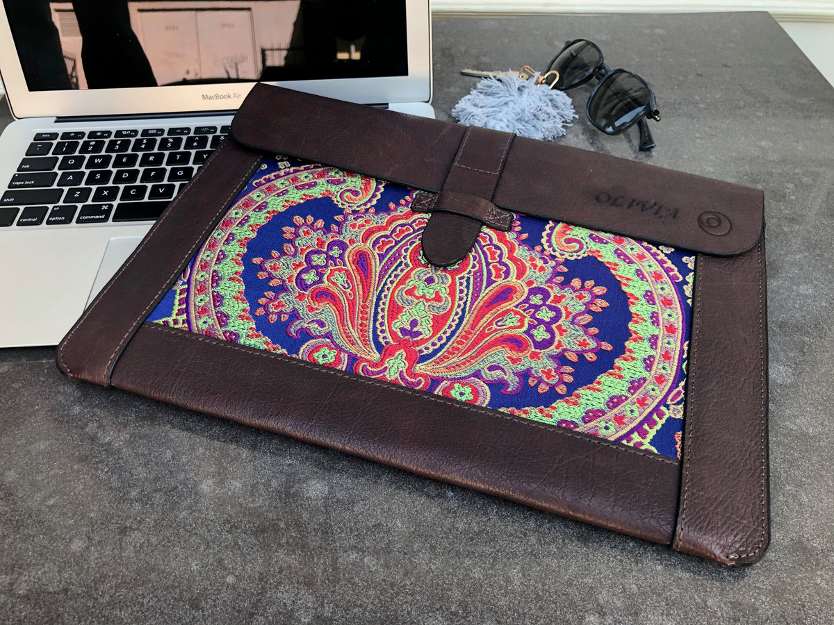 Blue Silk MacBook Sleeve & Charger Bag Set – Handmade Leather Laptop Case 13" 15" 16" | Personalized Gift | Camel or Brown