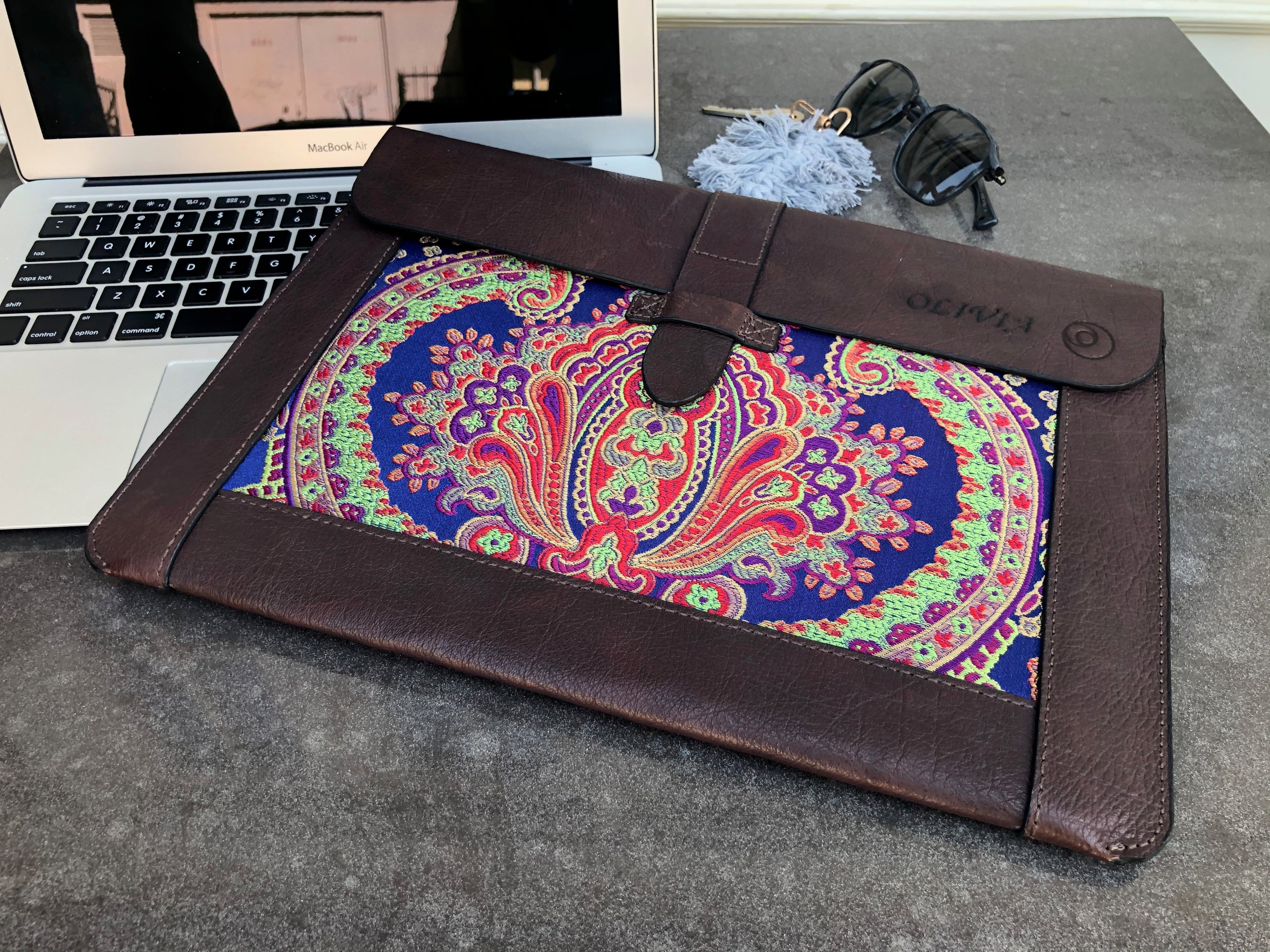 Blue Silk MacBook Sleeve & Charger Bag Set – Handmade Leather Laptop Case 13" 15" 16" | Personalized Gift | Camel or Brown