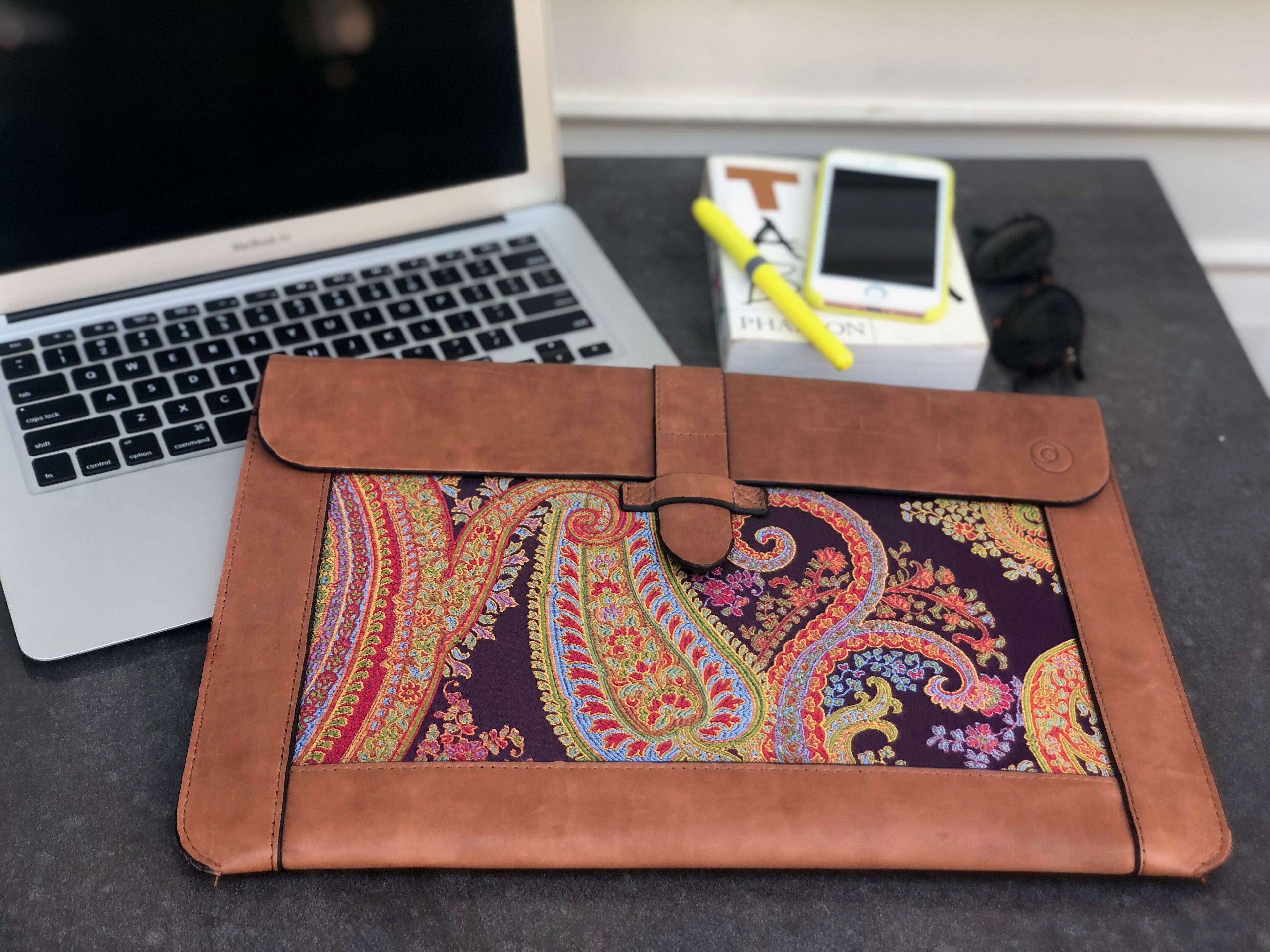 Purple Silk MacBook Sleeve & Charger Bag | Handmade Leather Laptop Case | Personalized Laptop Set | 13” 15” 16” | Brown or Camel