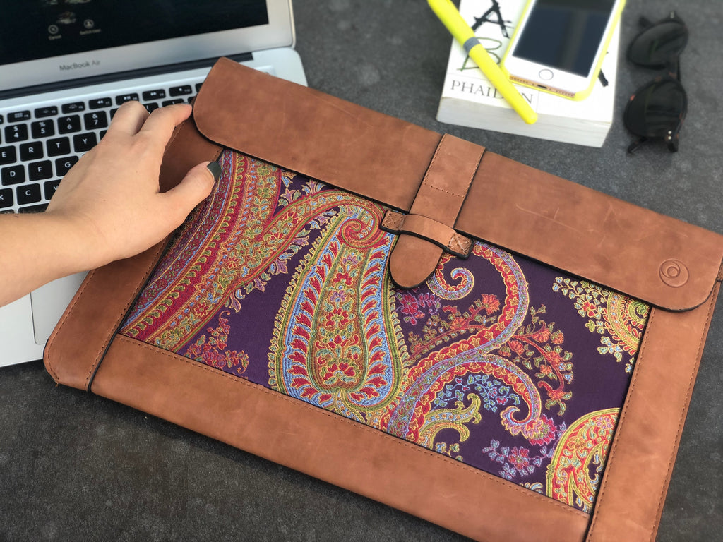 Purple Silk MacBook Sleeve & Charger Bag | Handmade Leather Laptop Case | Personalized Laptop Set | 13” 15” 16” | Brown or Camel
