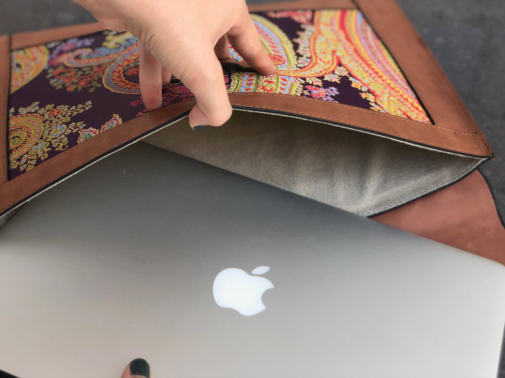 Purple Silk MacBook Sleeve & Charger Bag | Handmade Leather Laptop Case | Personalized Laptop Set | 13” 15” 16” | Brown or Camel
