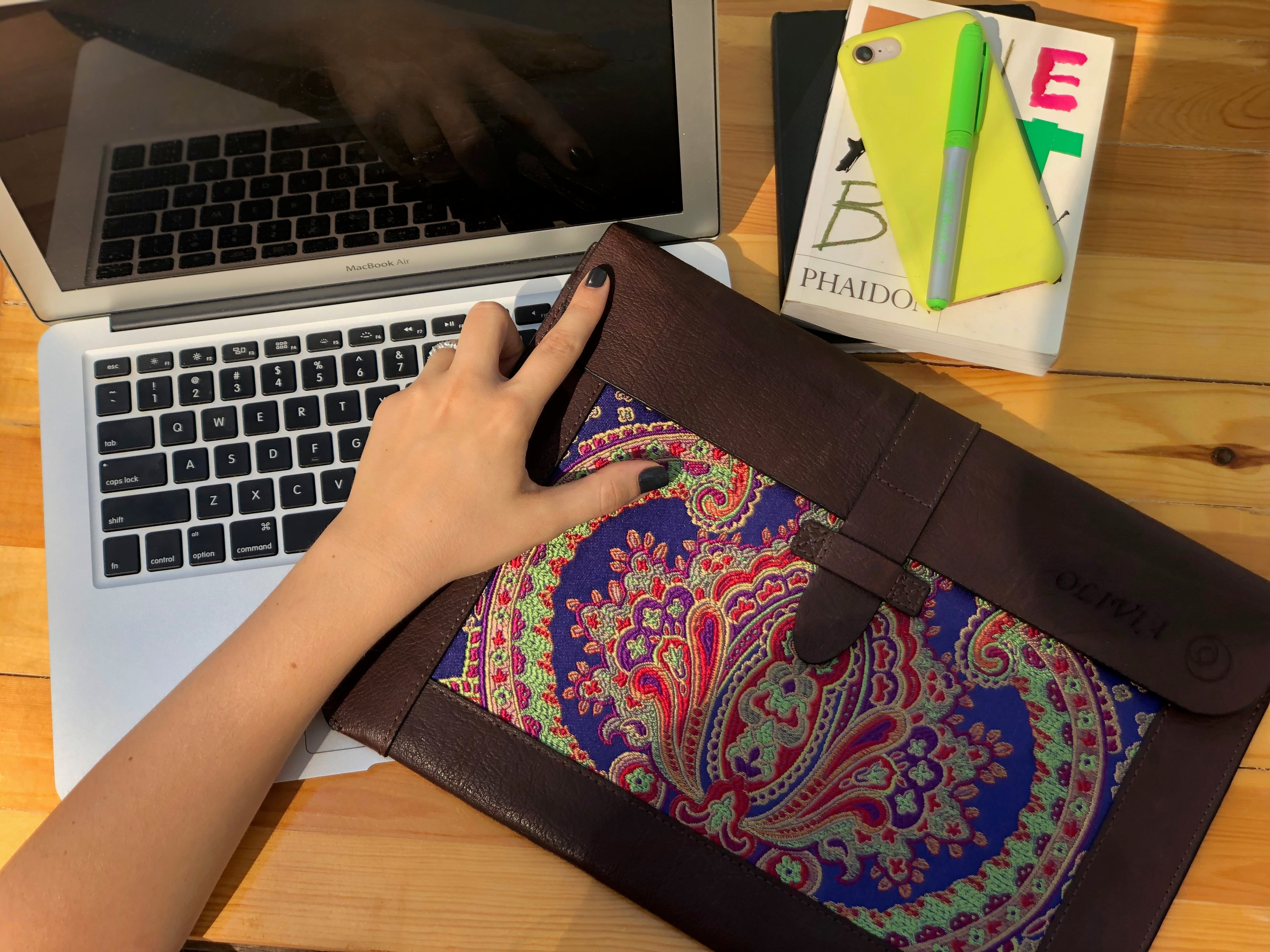 Blue Silk MacBook Sleeve & Charger Bag Set – Handmade Leather Laptop Case 13" 15" 16" | Personalized Gift | Camel or Brown