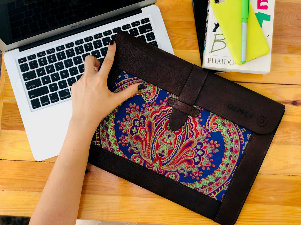 Blue Silk MacBook Sleeve & Charger Bag Set – Handmade Leather Laptop Case 13" 15" 16" | Personalized Gift | Camel or Brown