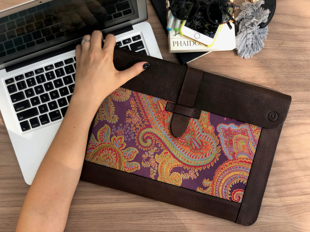 Purple Silk MacBook Sleeve & Charger Bag | Handmade Leather Laptop Case | Personalized Laptop Set | 13” 15” 16” | Brown or Camel