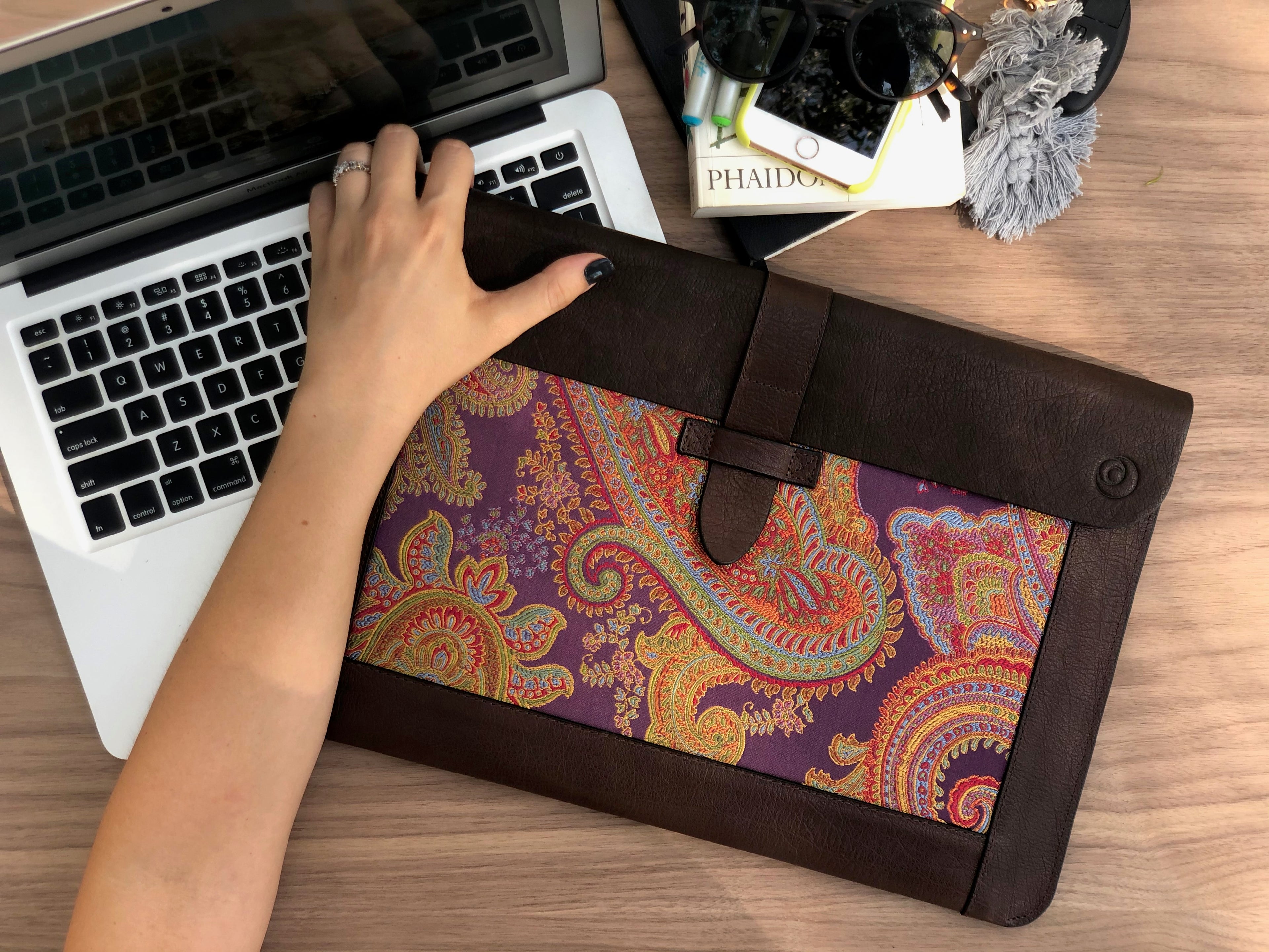 Purple Silk MacBook Sleeve & Charger Bag | Handmade Leather Laptop Case | Personalized Laptop Set | 13” 15” 16” | Brown or Camel