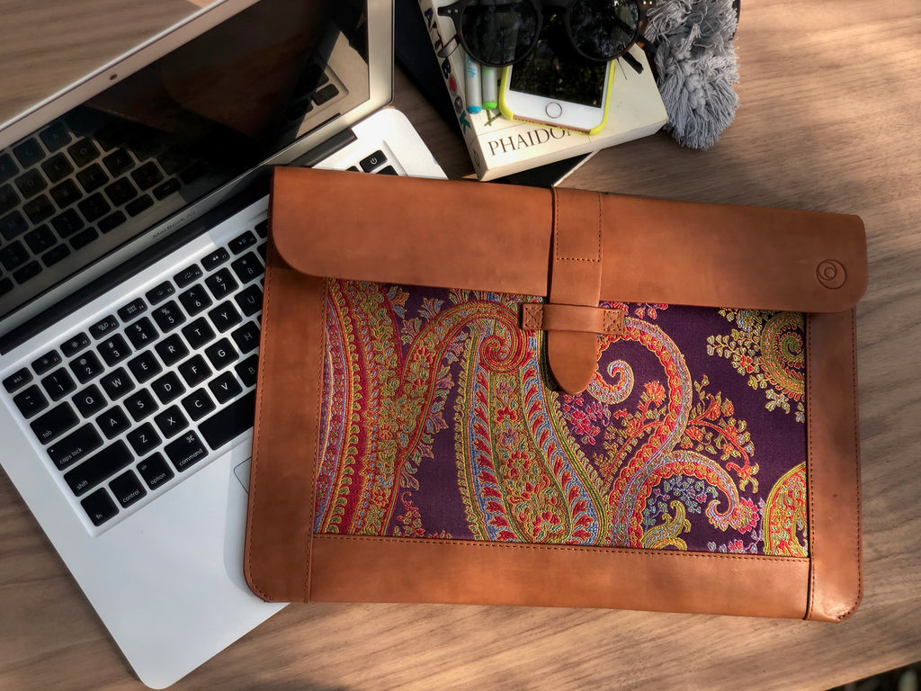 Purple Silk MacBook Sleeve & Charger Bag | Handmade Leather Laptop Case | Personalized Laptop Set | 13” 15” 16” | Brown or Camel