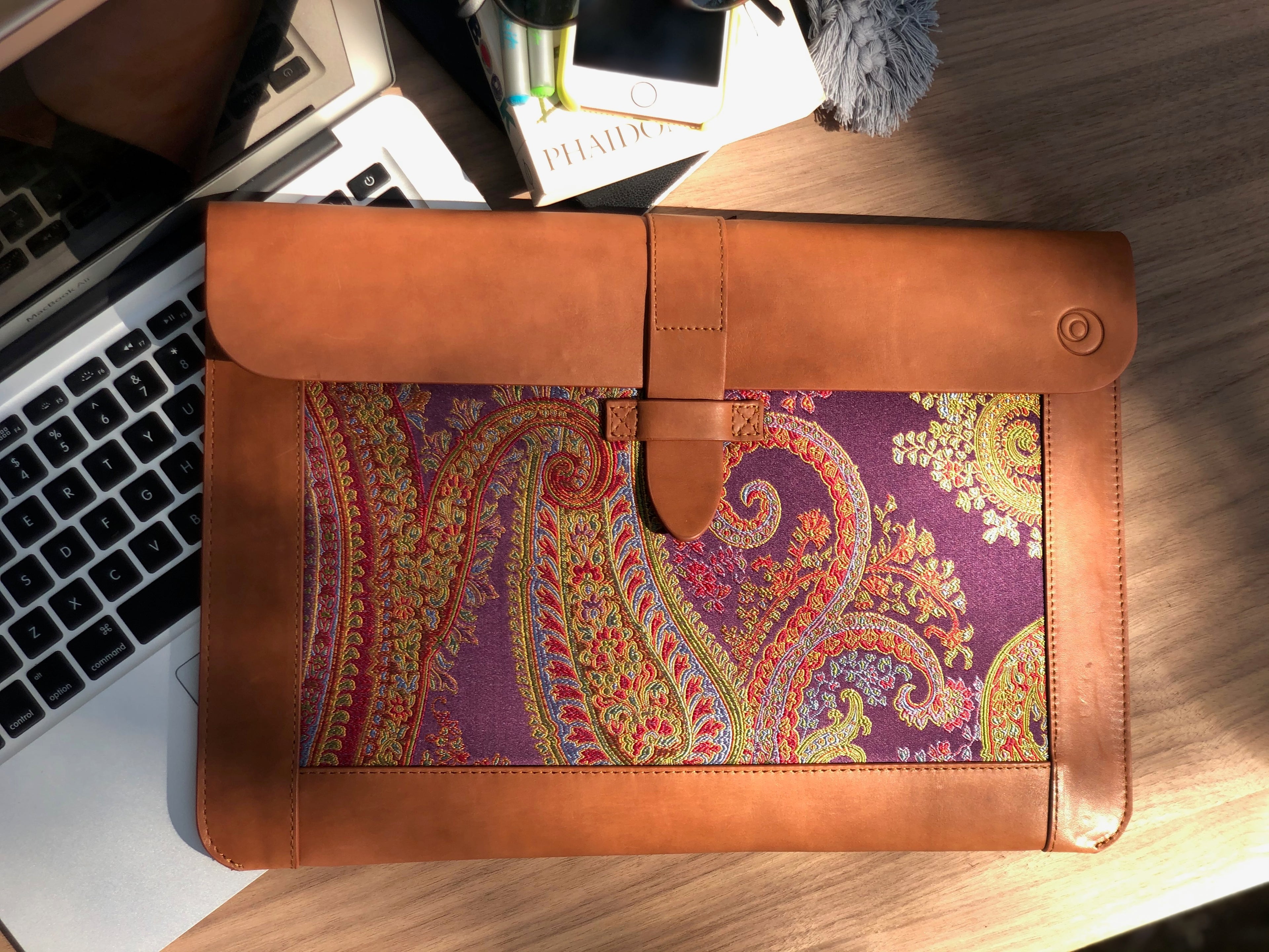 Purple Silk MacBook Sleeve & Charger Bag | Handmade Leather Laptop Case | Personalized Laptop Set | 13” 15” 16” | Brown or Camel