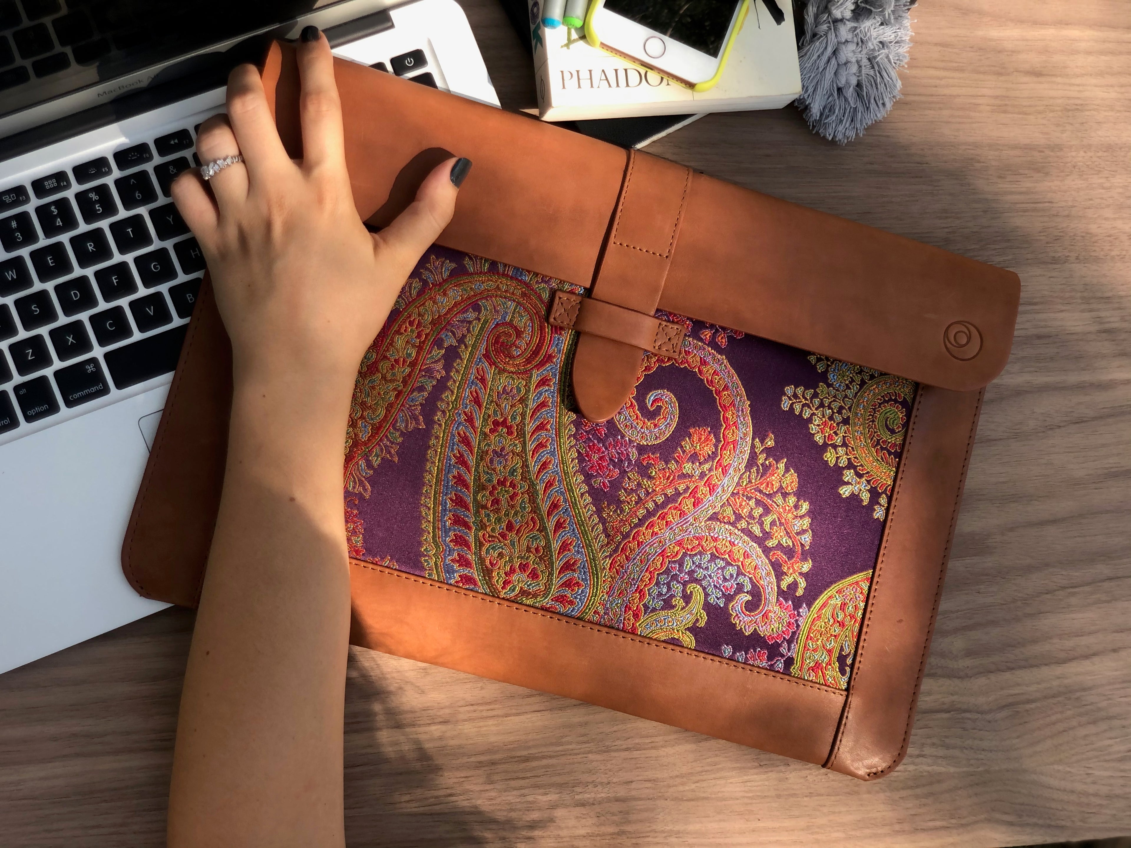 Purple Silk MacBook Sleeve & Charger Bag | Handmade Leather Laptop Case | Personalized Laptop Set | 13” 15” 16” | Brown or Camel