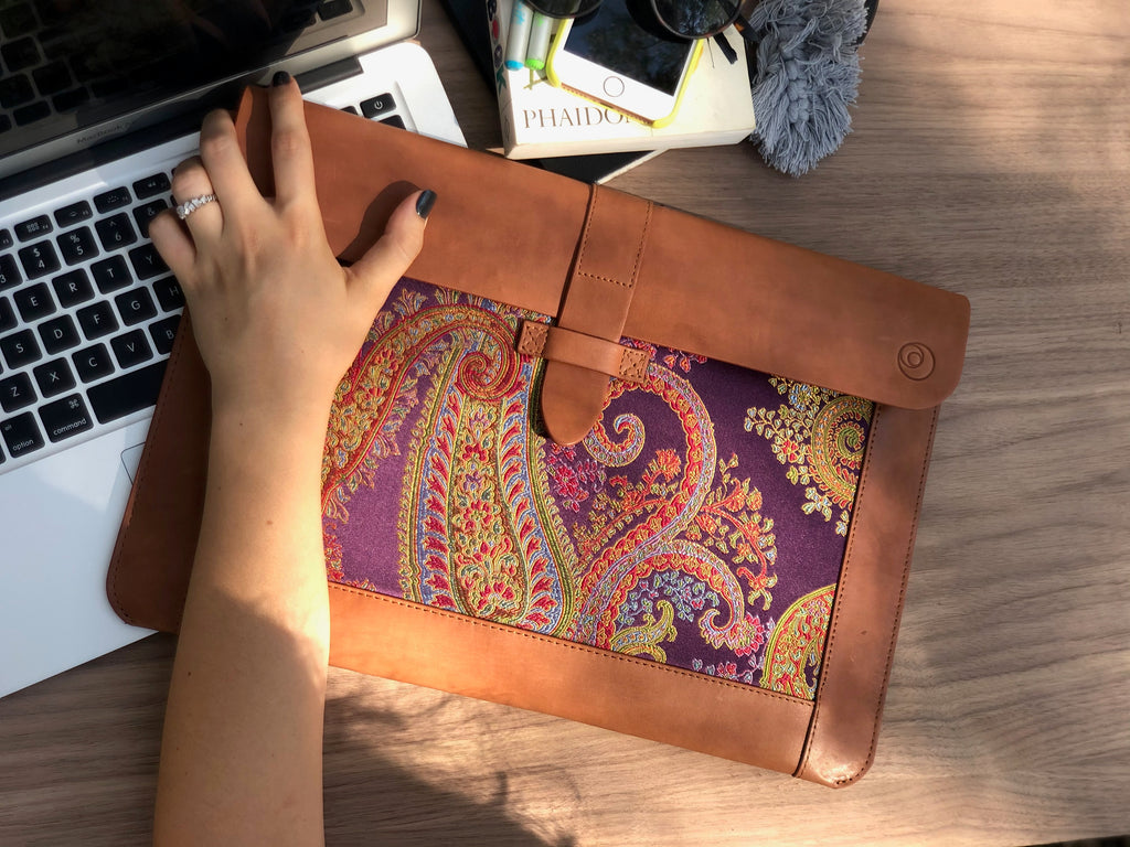 Purple Silk MacBook Sleeve & Charger Bag | Handmade Leather Laptop Case | Personalized Laptop Set | 13” 15” 16” | Brown or Camel