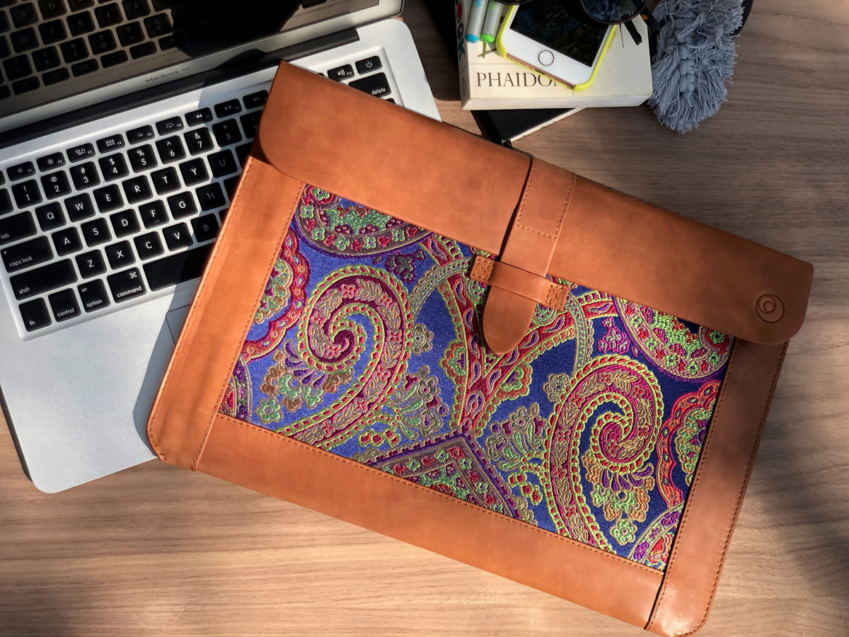 Blue Silk MacBook Sleeve & Charger Bag Set – Handmade Leather Laptop Case 13" 15" 16" | Personalized Gift | Camel or Brown