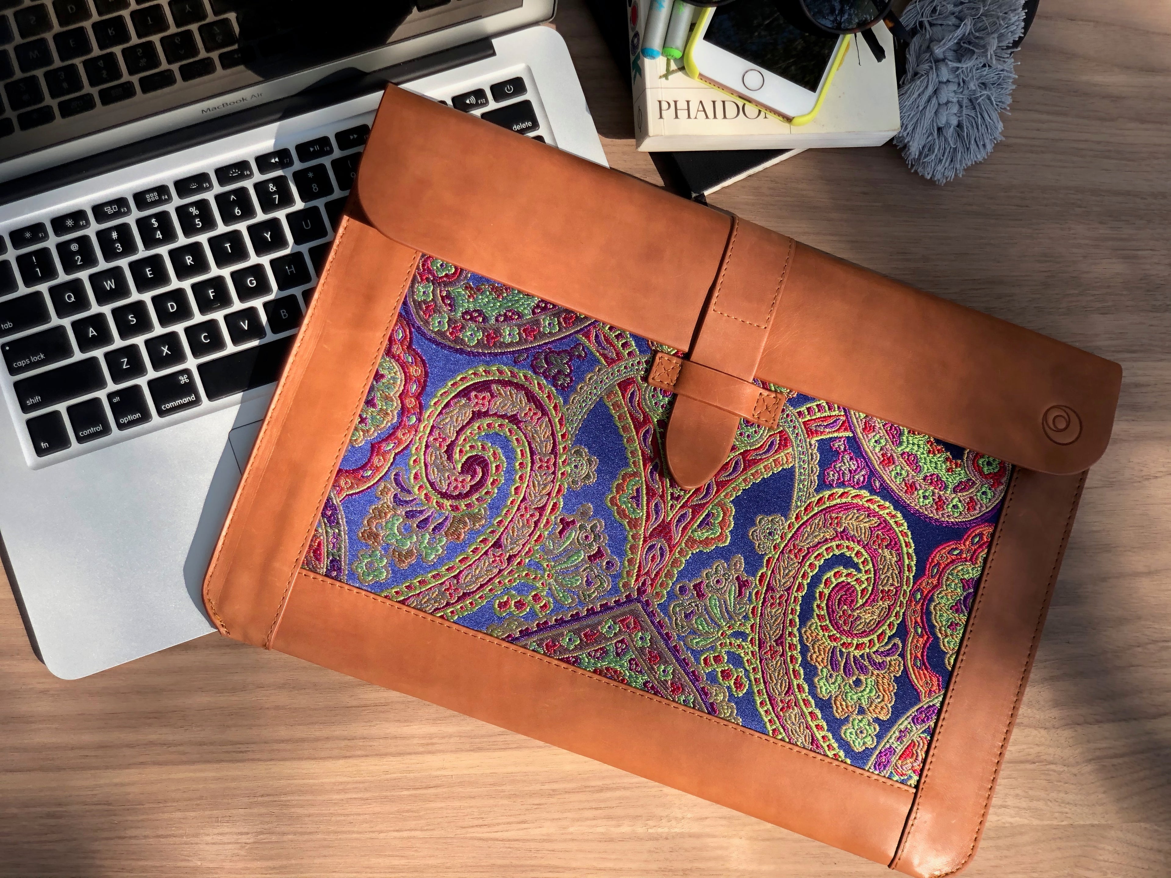 Blue Silk MacBook Sleeve & Charger Bag Set – Handmade Leather Laptop Case 13" 15" 16" | Personalized Gift | Camel or Brown