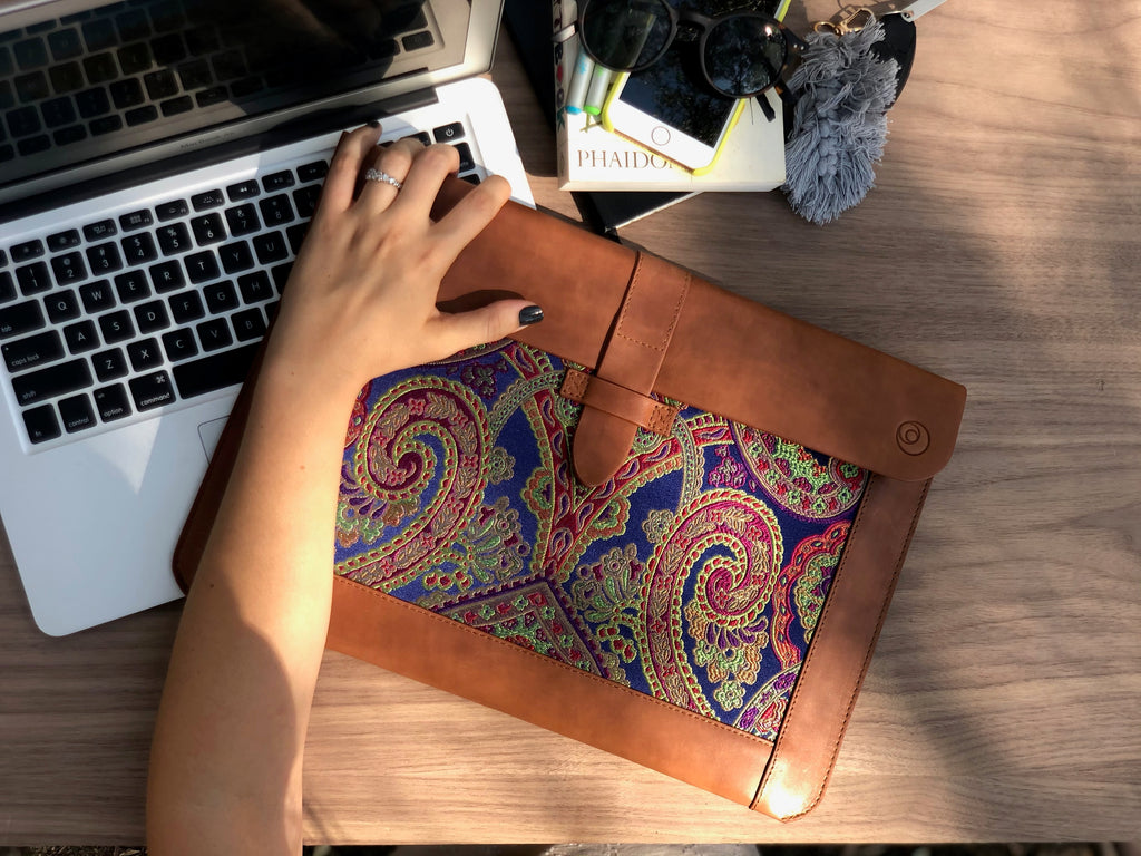 Blue Silk MacBook Sleeve & Charger Bag Set – Handmade Leather Laptop Case 13" 15" 16" | Personalized Gift | Camel or Brown