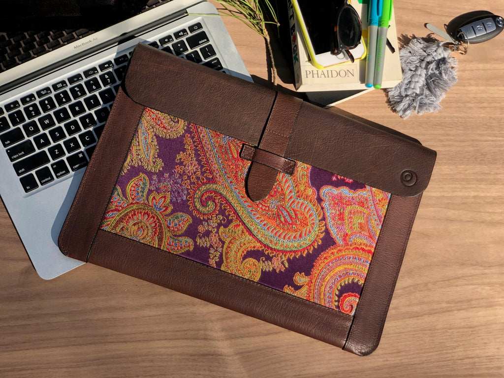 Purple Silk MacBook Sleeve & Charger Bag | Handmade Leather Laptop Case | Personalized Laptop Set | 13” 15” 16” | Brown or Camel