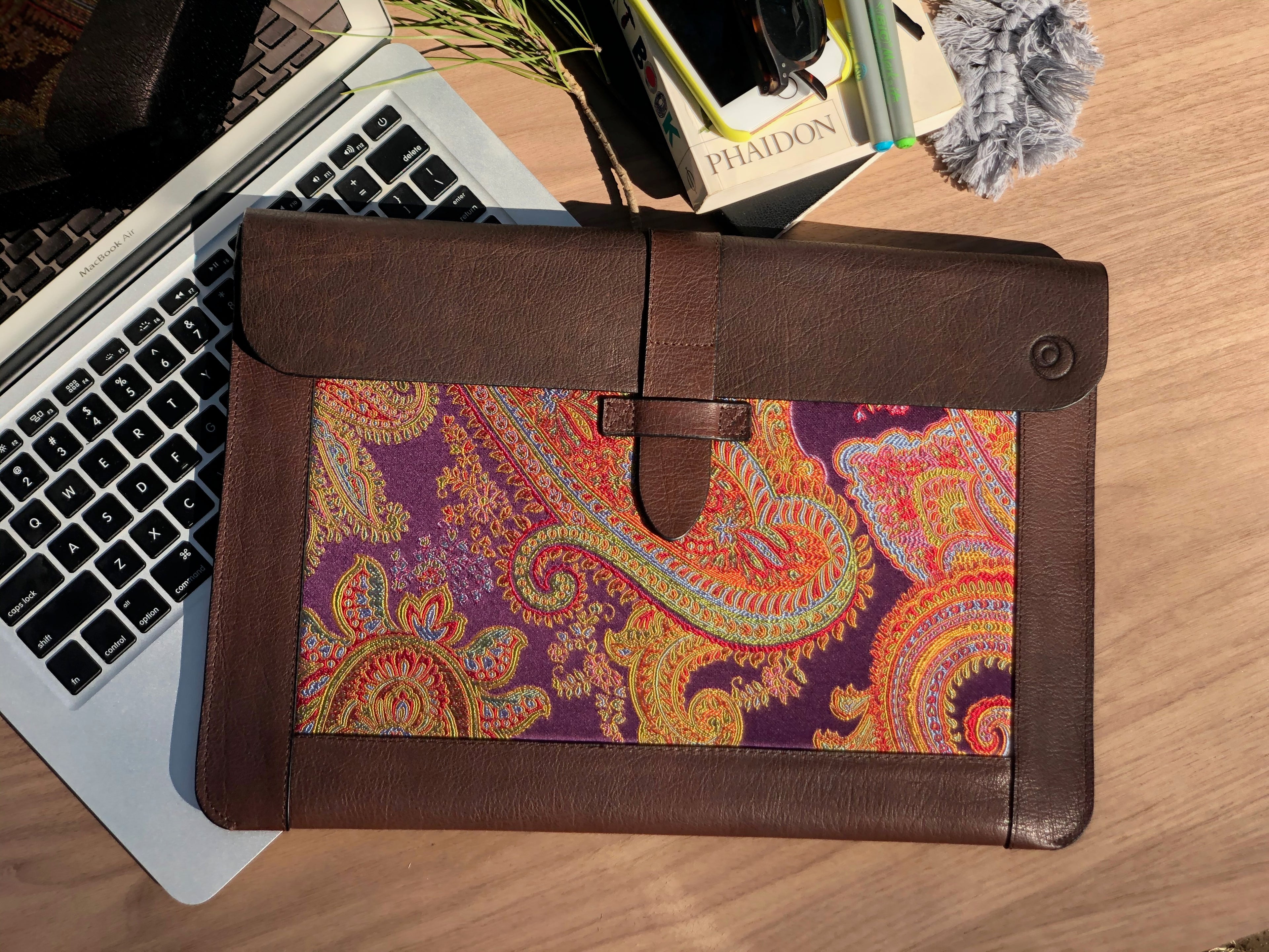 Purple Silk MacBook Sleeve & Charger Bag | Handmade Leather Laptop Case | Personalized Laptop Set | 13” 15” 16” | Brown or Camel