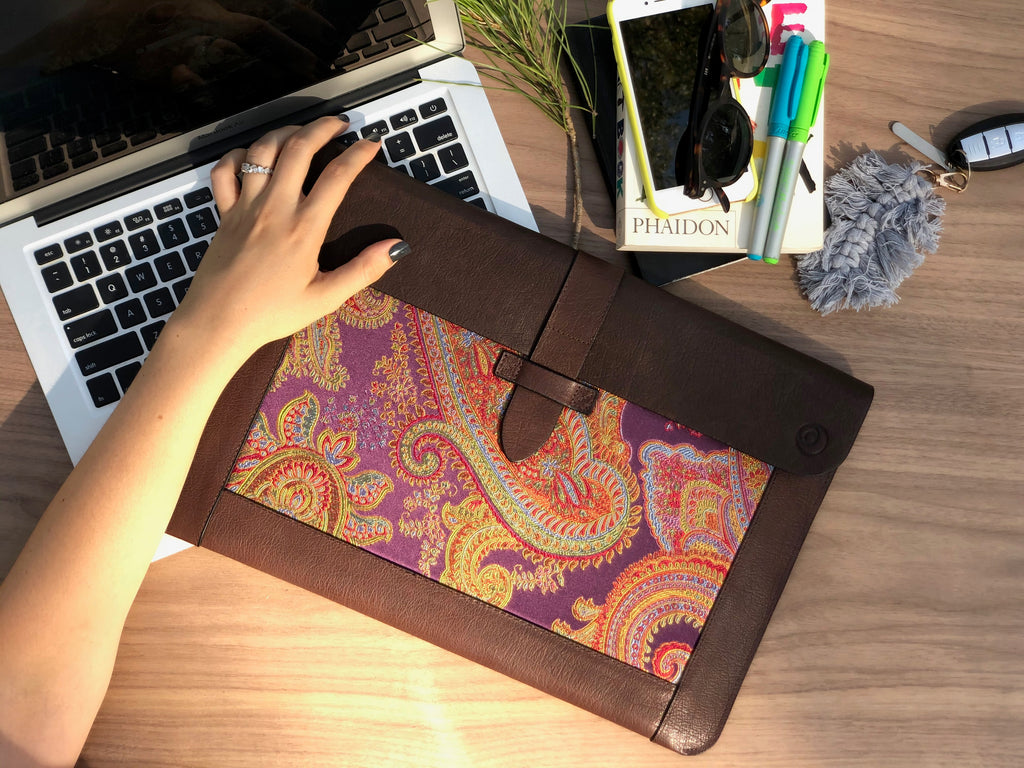Purple Silk MacBook Sleeve & Charger Bag | Handmade Leather Laptop Case | Personalized Laptop Set | 13” 15” 16” | Brown or Camel