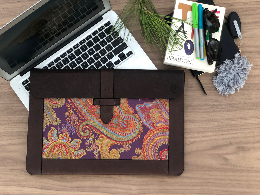 Purple Silk MacBook Sleeve & Charger Bag | Handmade Leather Laptop Case | Personalized Laptop Set | 13” 15” 16” | Brown or Camel
