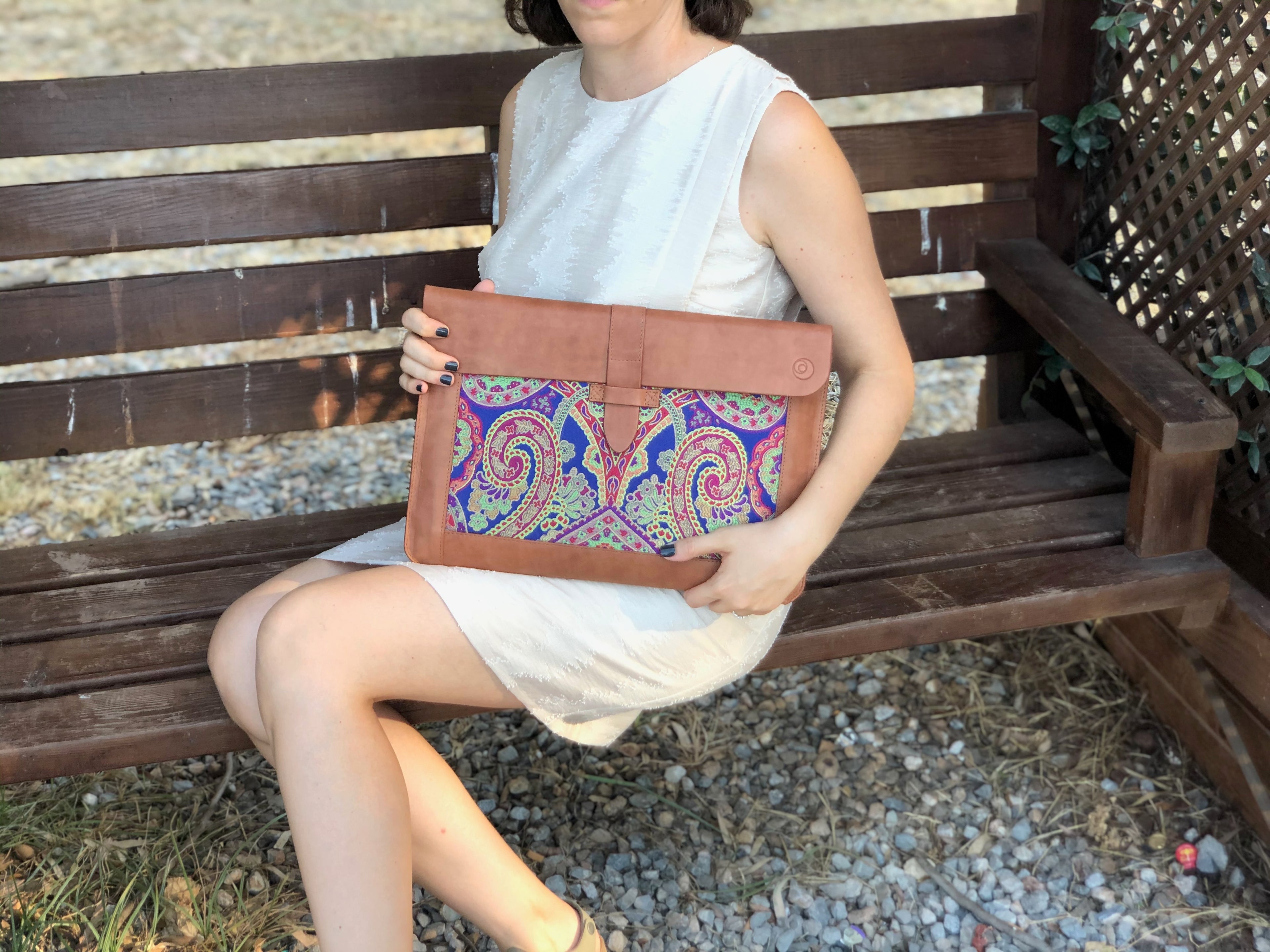 Blue Silk MacBook Sleeve & Charger Bag Set – Handmade Leather Laptop Case 13" 15" 16" | Personalized Gift | Camel or Brown