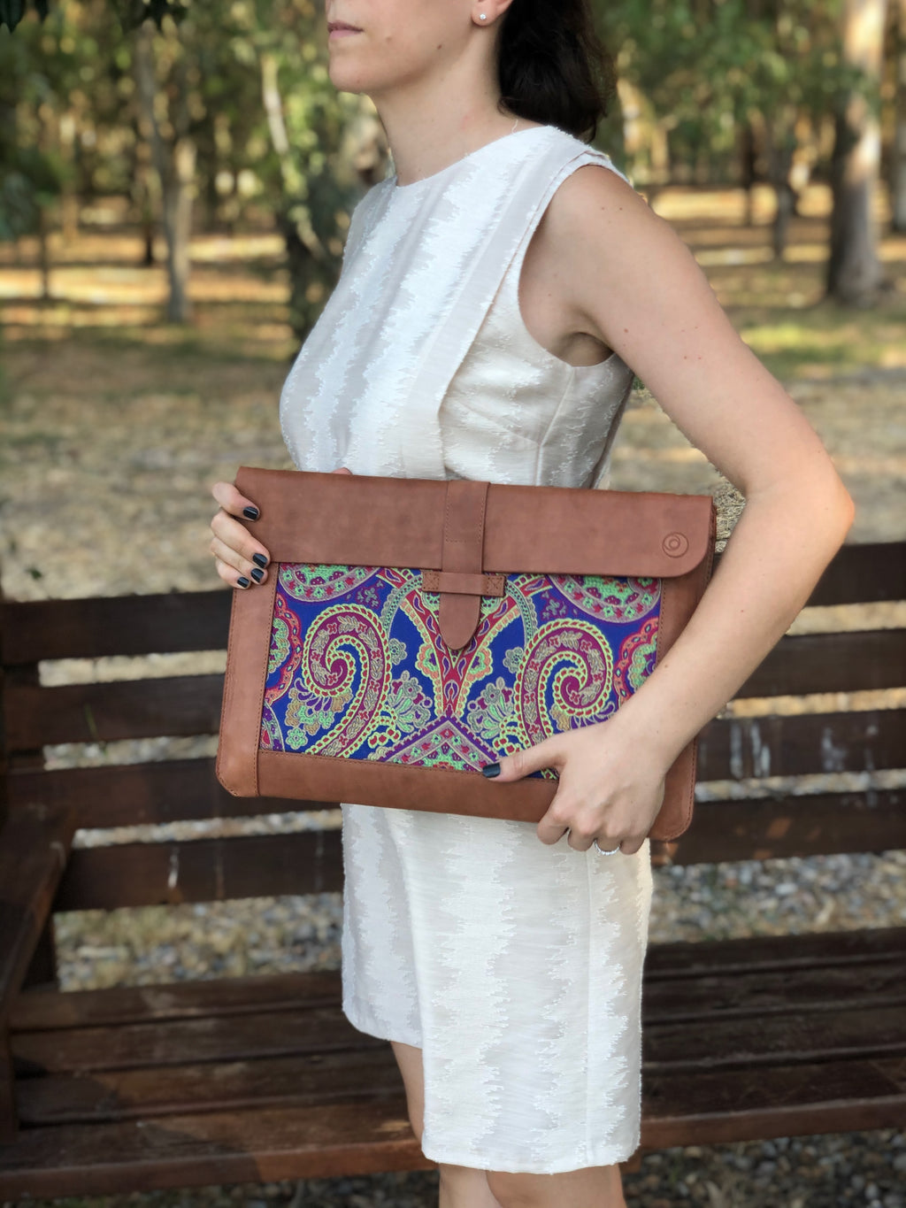 Blue Silk MacBook Sleeve & Charger Bag Set – Handmade Leather Laptop Case 13" 15" 16" | Personalized Gift | Camel or Brown