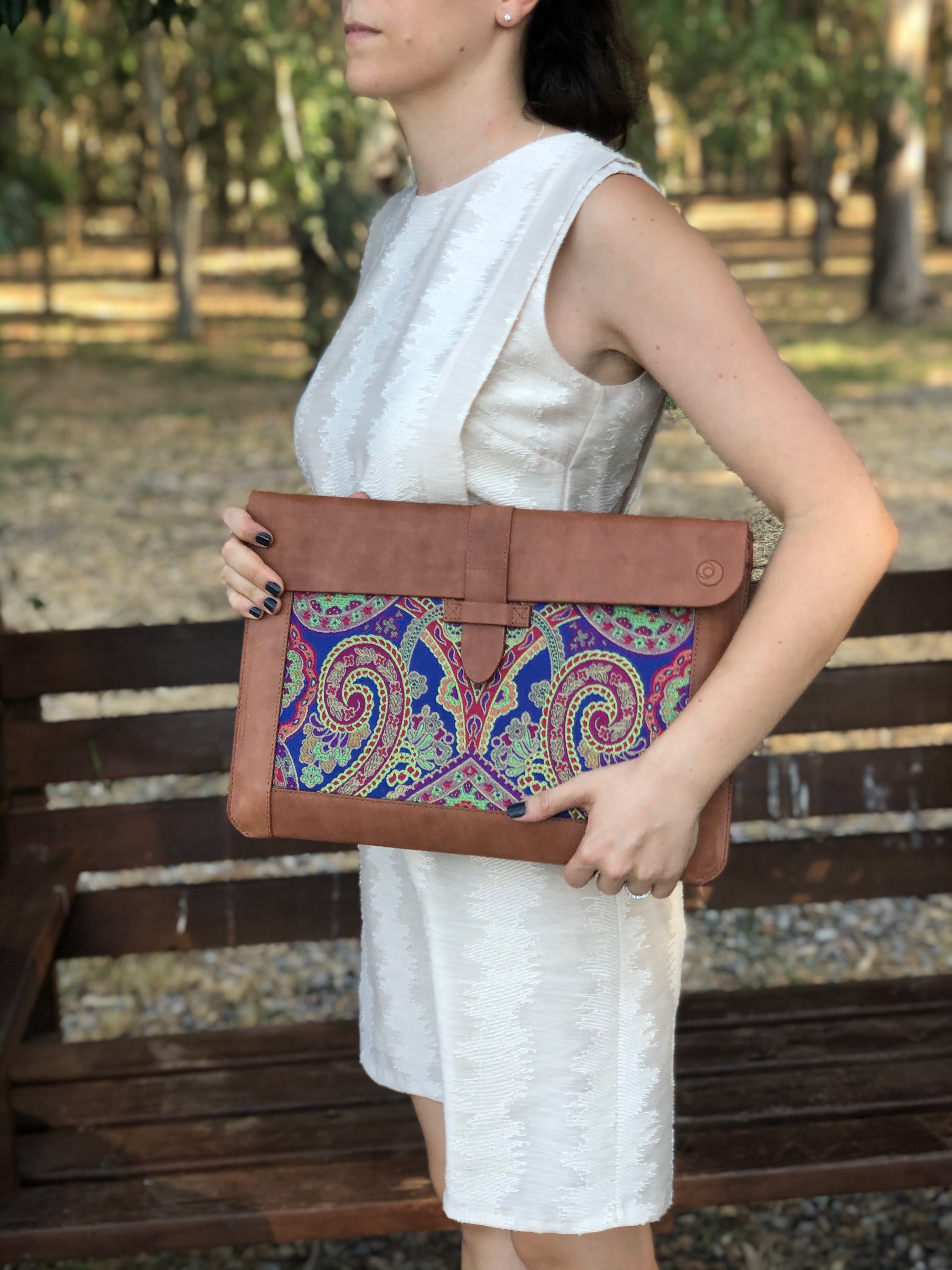 Blue Silk MacBook Sleeve & Charger Bag Set – Handmade Leather Laptop Case 13" 15" 16" | Personalized Gift | Camel or Brown