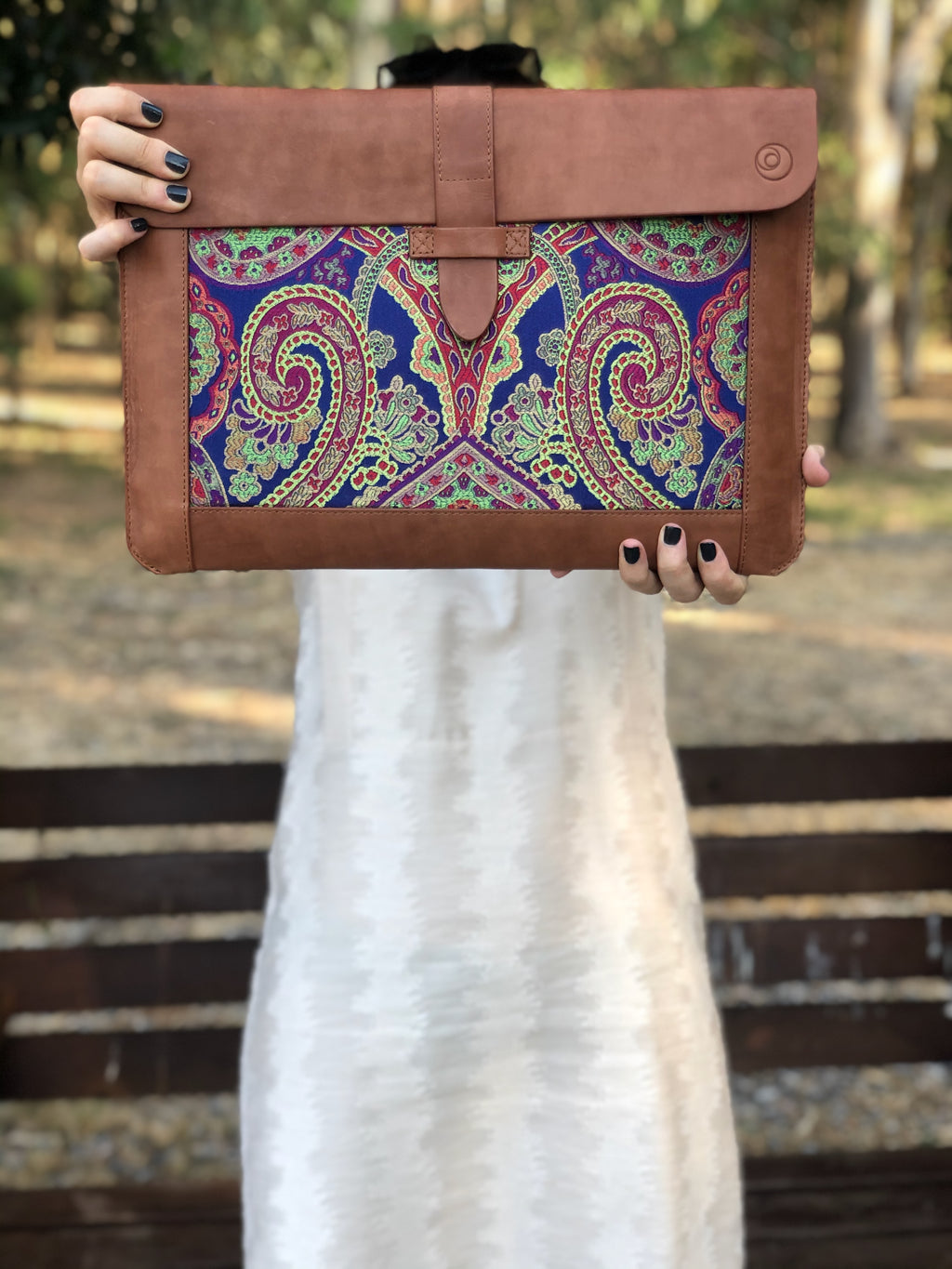 Blue Silk MacBook Sleeve & Charger Bag Set – Handmade Leather Laptop Case 13" 15" 16" | Personalized Gift | Camel or Brown