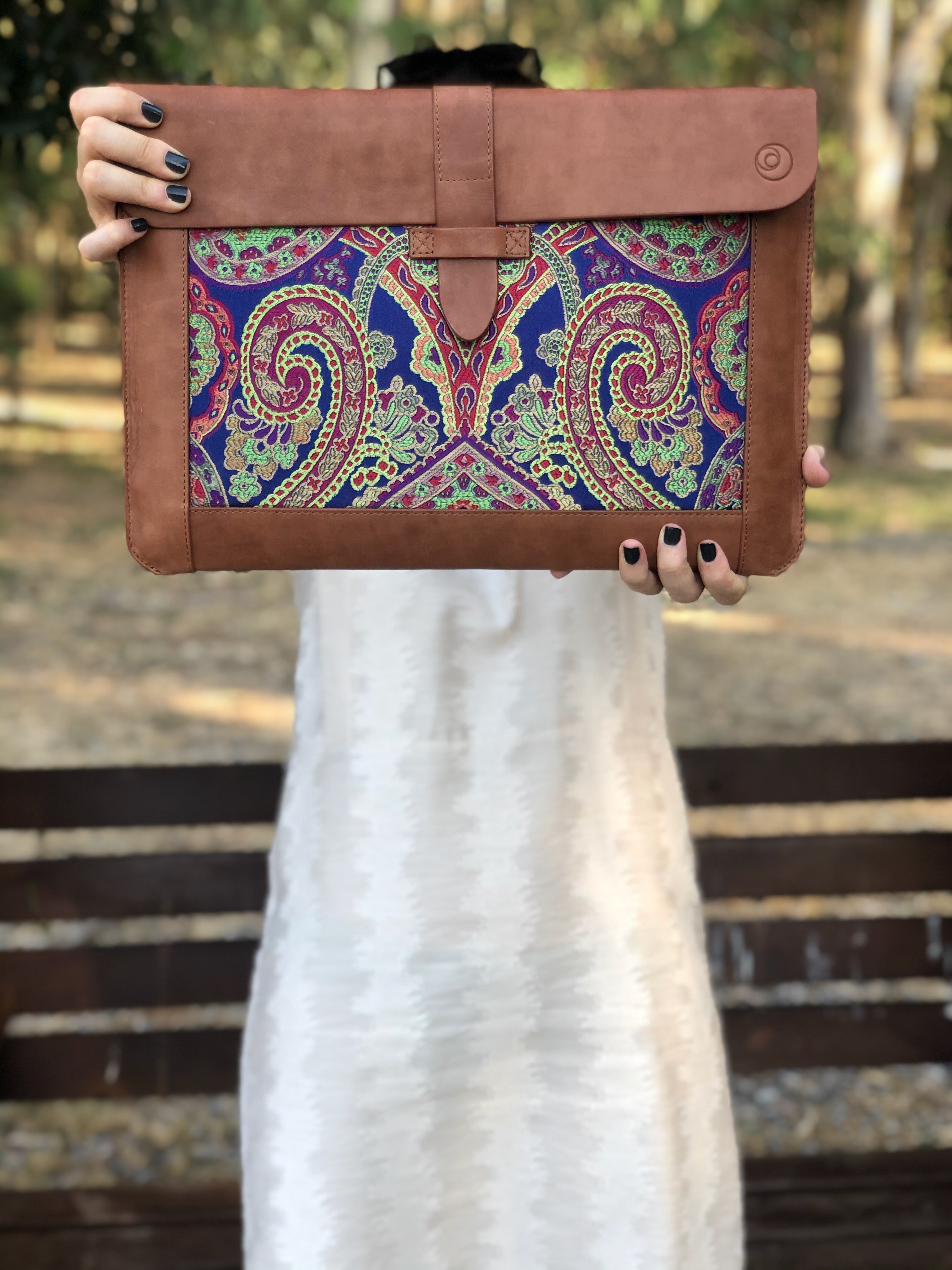 Blue Silk MacBook Sleeve & Charger Bag Set – Handmade Leather Laptop Case 13" 15" 16" | Personalized Gift | Camel or Brown