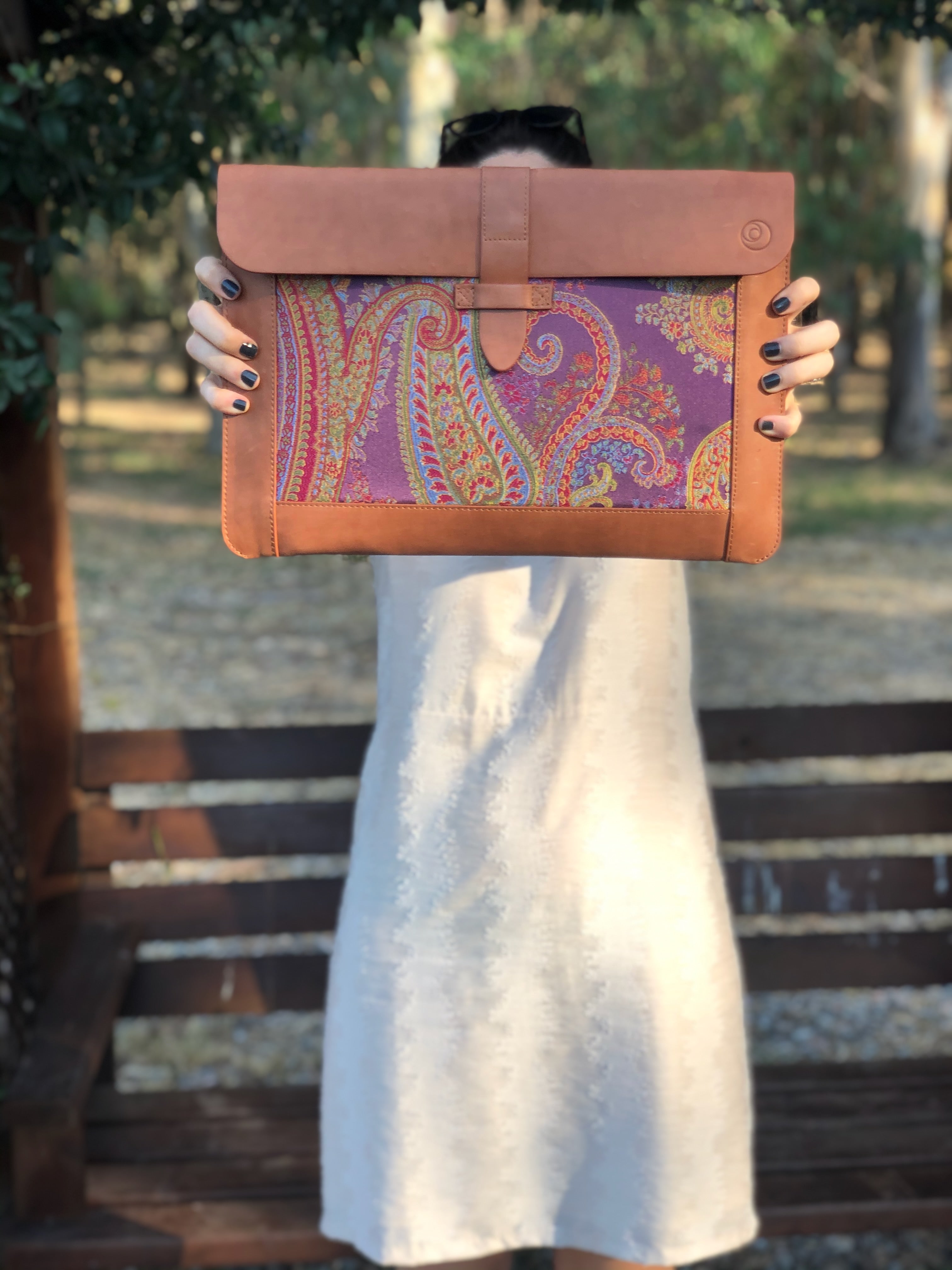 Purple Silk MacBook Sleeve & Charger Bag | Handmade Leather Laptop Case | Personalized Laptop Set | 13” 15” 16” | Brown or Camel