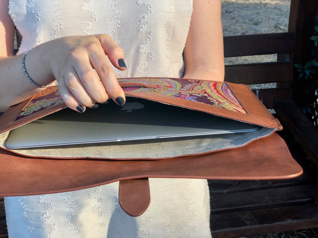 Purple Silk MacBook Sleeve & Charger Bag | Handmade Leather Laptop Case | Personalized Laptop Set | 13” 15” 16” | Brown or Camel